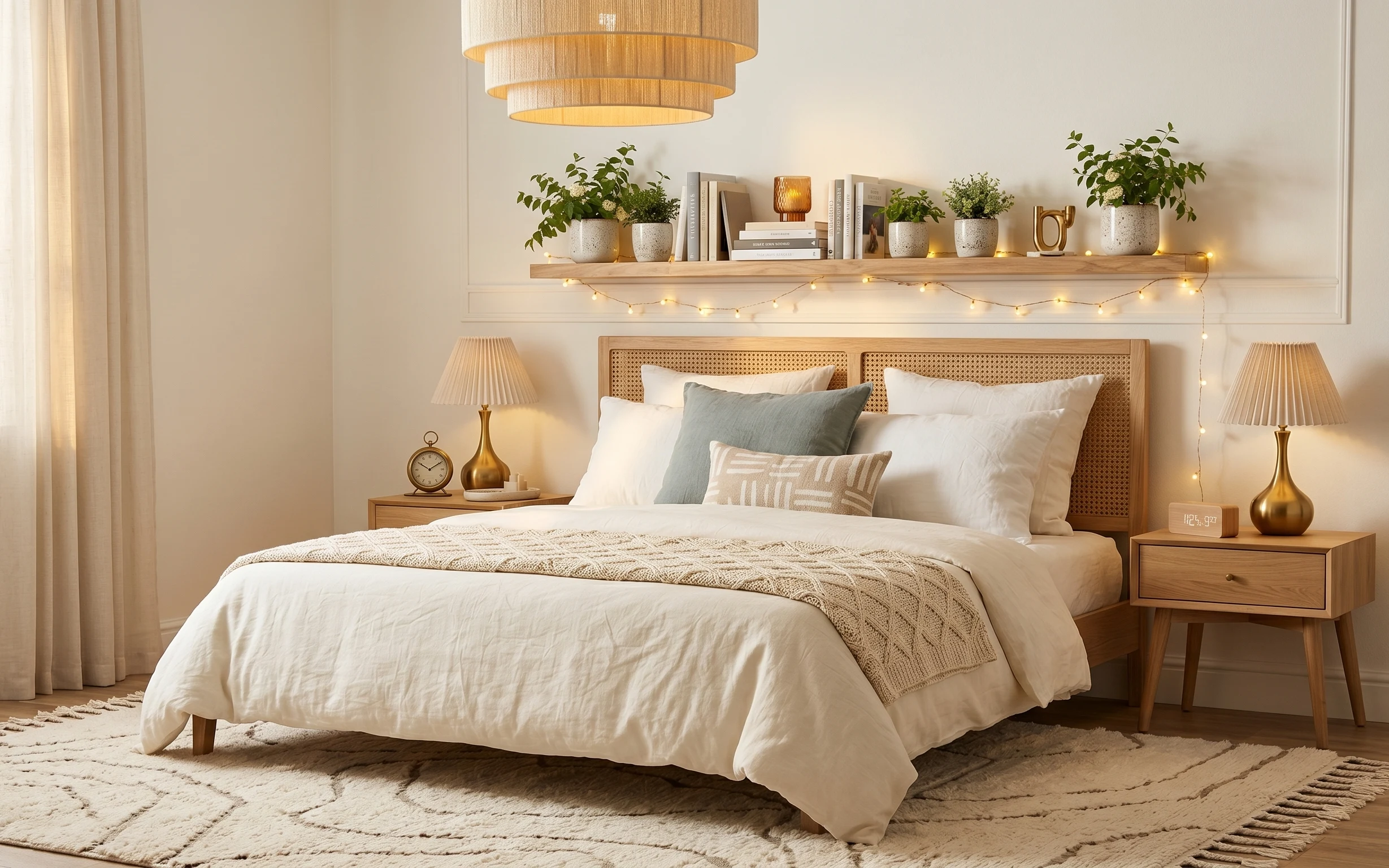 Cream-and-brass bedroom with wood bed, woven headboard, beige curtains, gold lamps, shelf planters, warm string lights