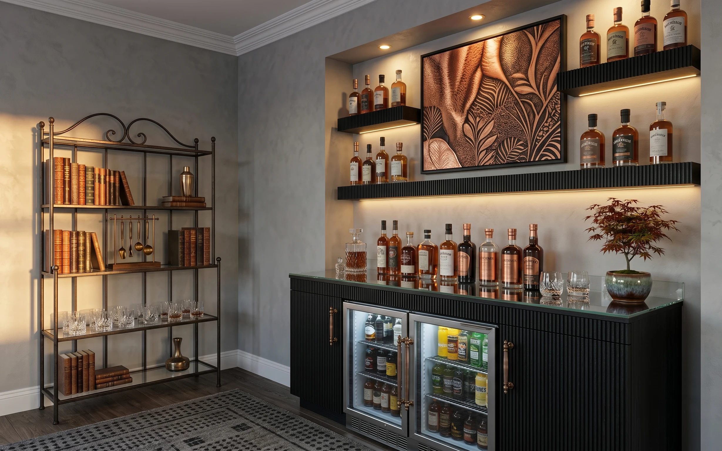 Home bar corner with black shelving, bottles, large black-framed artwork, green ceramic bowl, and patterned rug