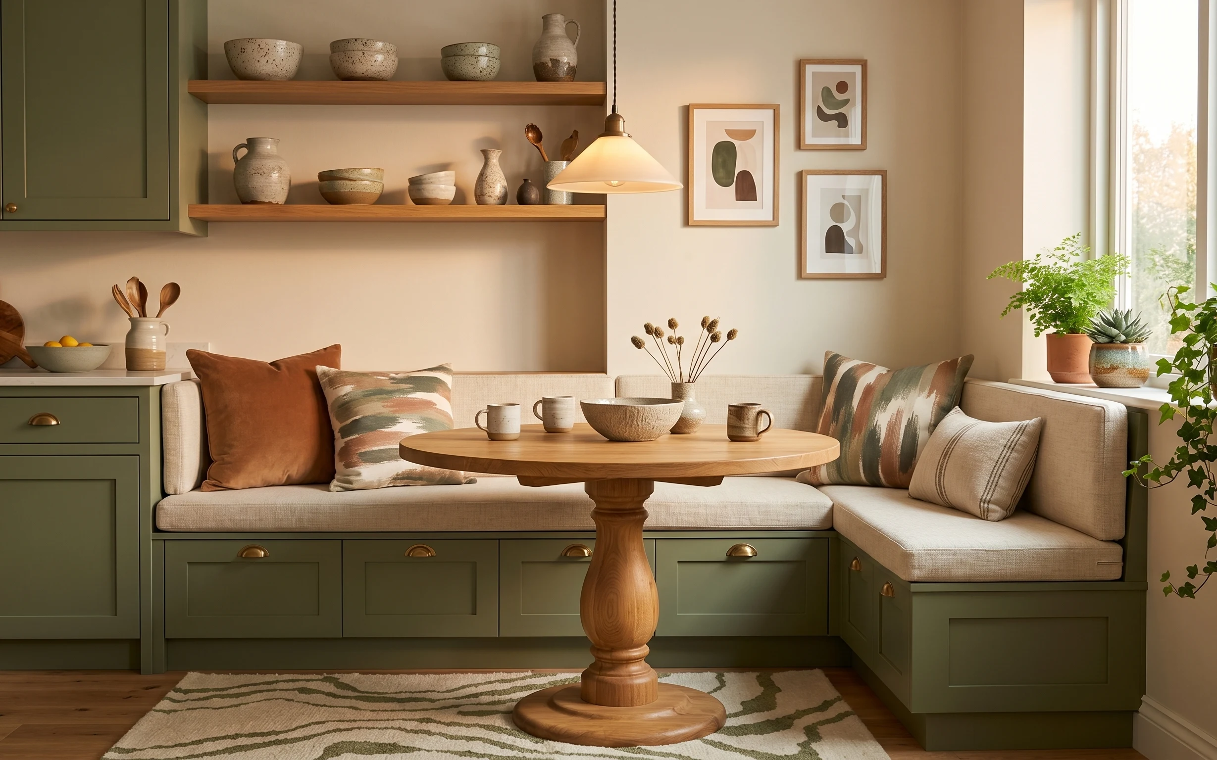 Sage banquette dining nook with round wooden pedestal table, patterned rug, framed wall art, and warm fabric-shade hanging lamp