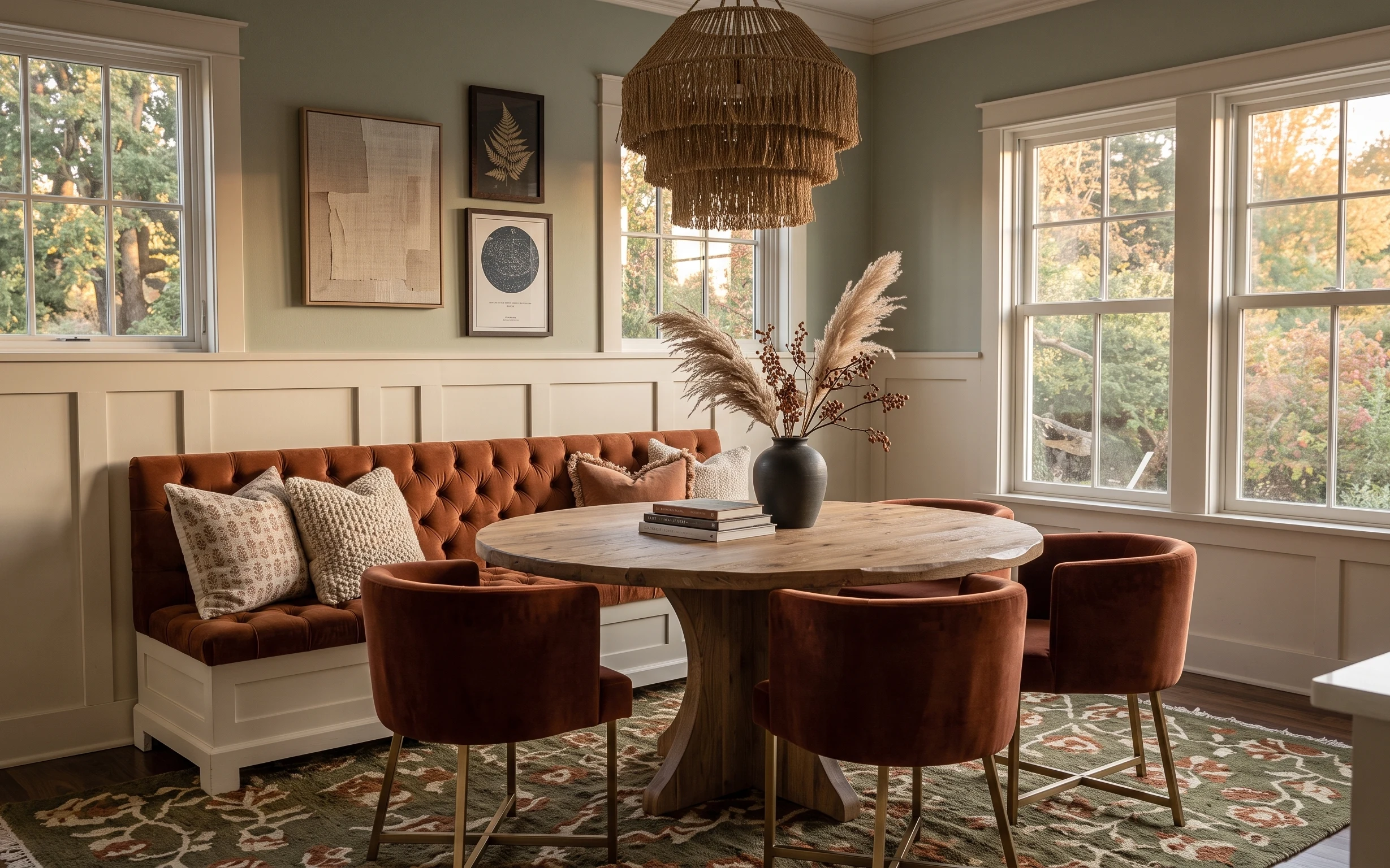 Caramel tufted sofa and round wood coffee table in a warm boho living room with framed art, patterned rug, and woven pendant