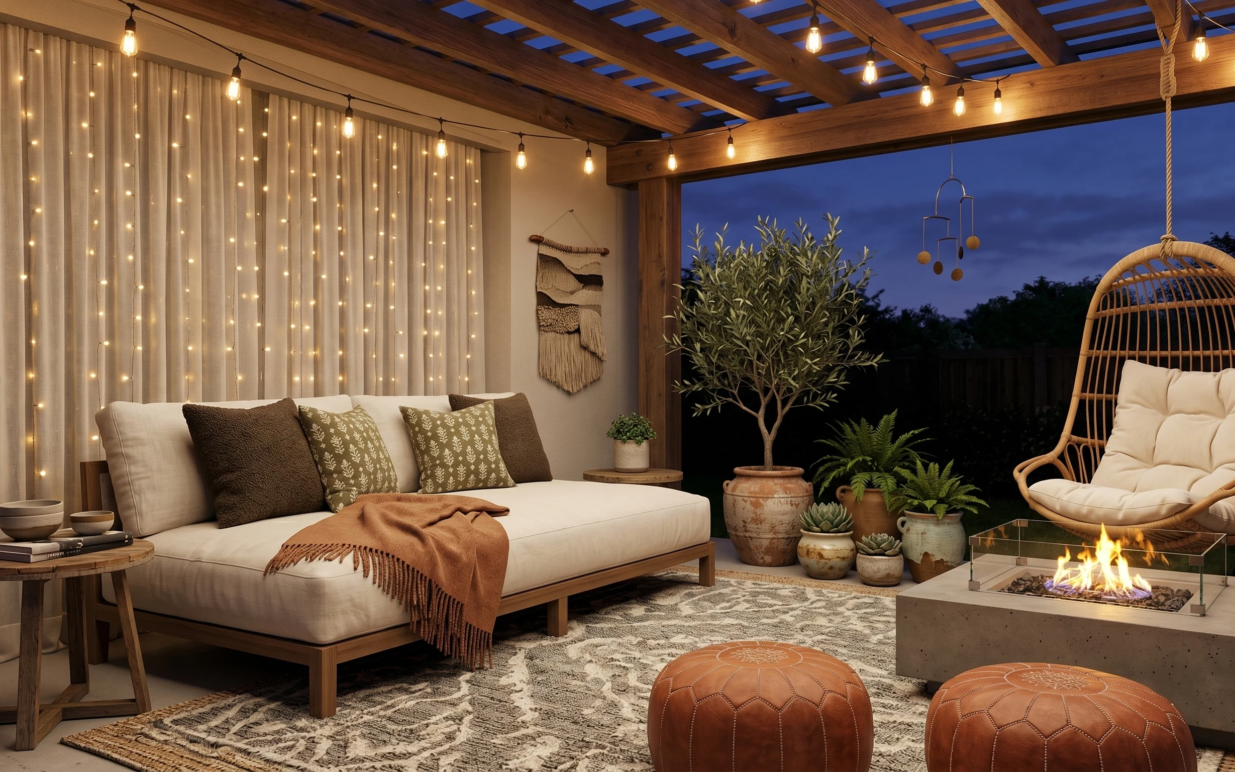 Boho outdoor patio lounge with string lights, rug, terracotta planters, macramé wall hanging, and a hanging rattan chair
