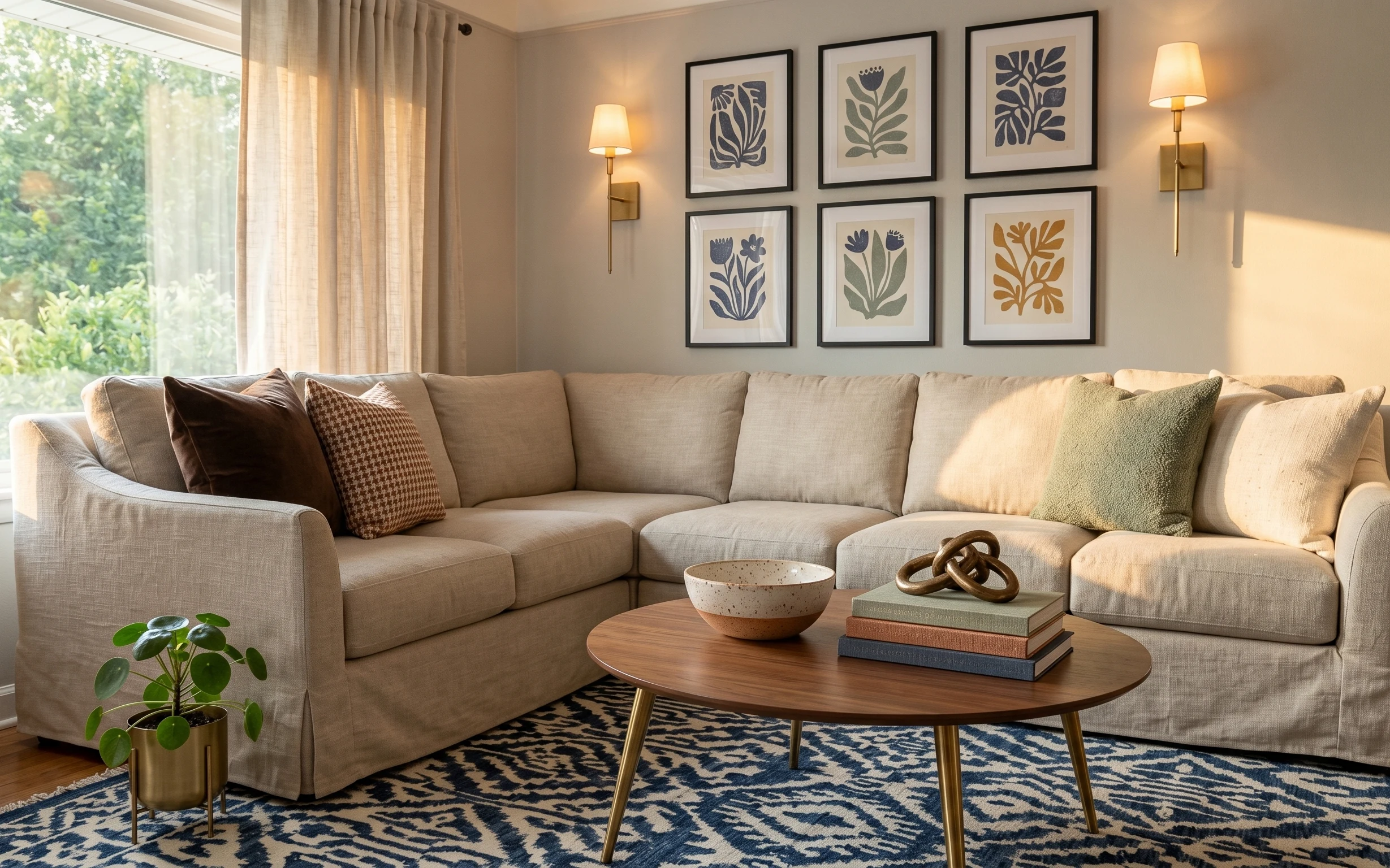 Cream sofa in a living room with brass lighting, blue patterned rug, framed botanical prints, and a plant in a brass pot