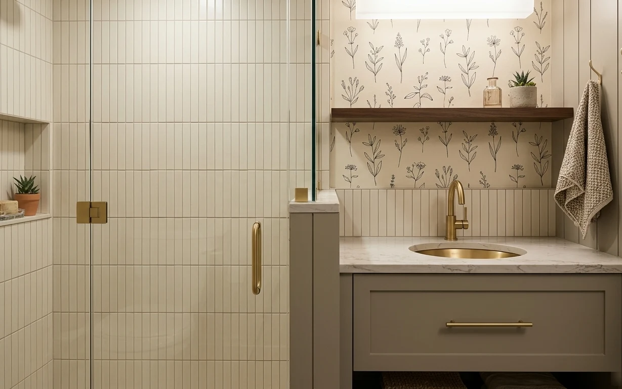 Kitchen sink wall with cream tile, brass faucet, white marble countertop, botanical wallpaper, and a hanging beige towel