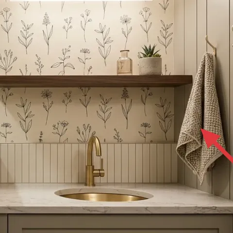 Beige waffle-weave kitchen towel on brass hook