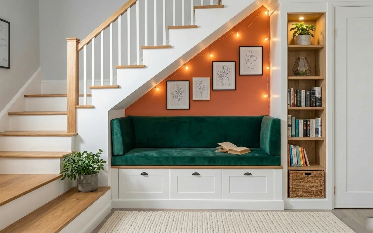 Teal upholstered bench nook with orange accent wall, framed botanical prints, warm string lights, cream rug, and built-in shelves