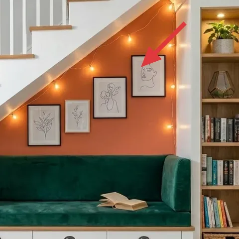 warm string lights (on the angled wall)