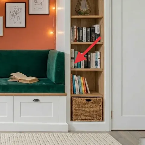 decorative book stack on built-in shelf
