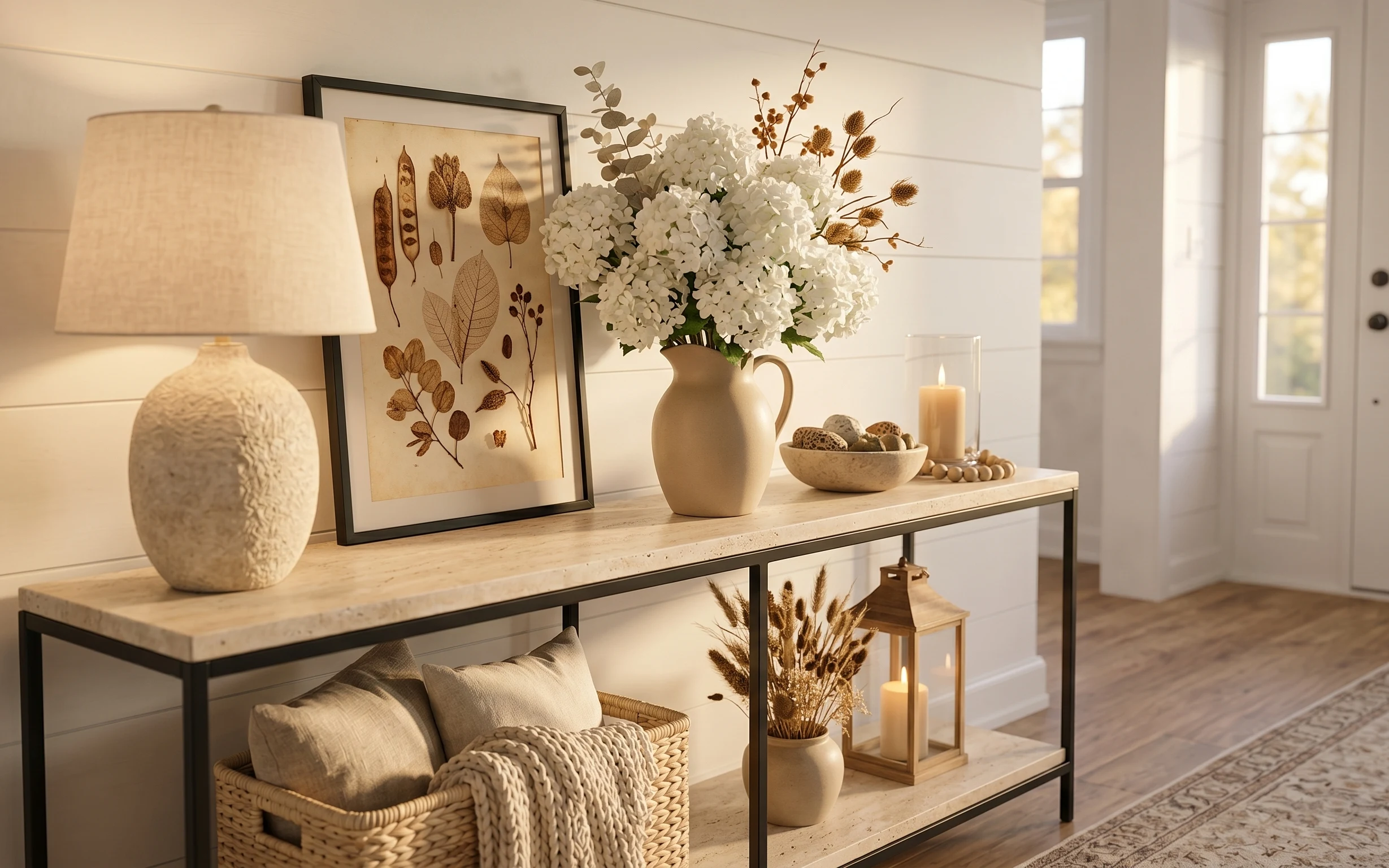 Console nook with cream lamp, framed botanical print, white flowers in vase, and candle lantern on a light wood table