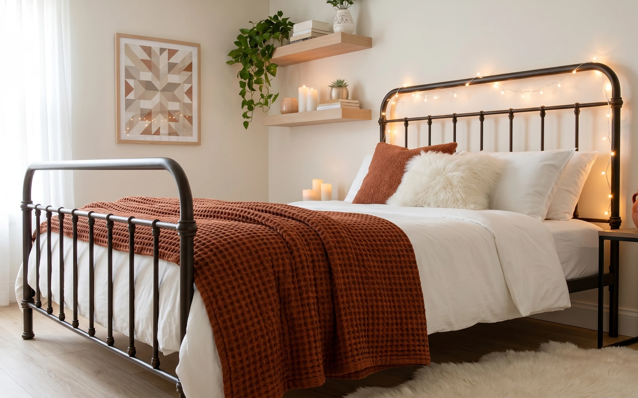 Warm bedroom with rust throw, fluffy pillows, geometric framed art, trailing plant on shelves, and warm string lights along the headboard