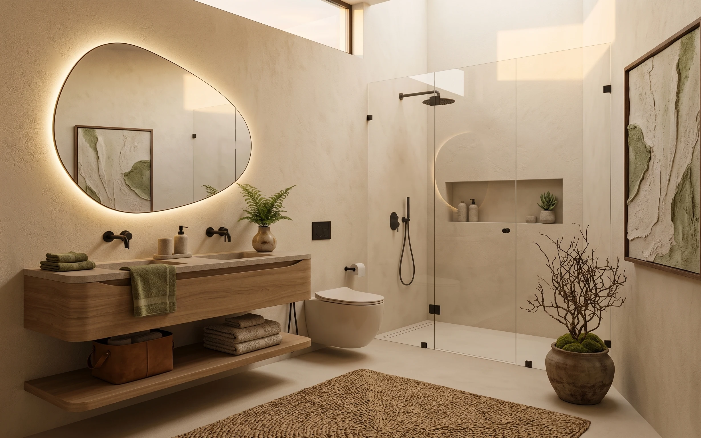 Spa-style bathroom vanity corner with round mirror, beige rug, sage towels, and framed abstract art