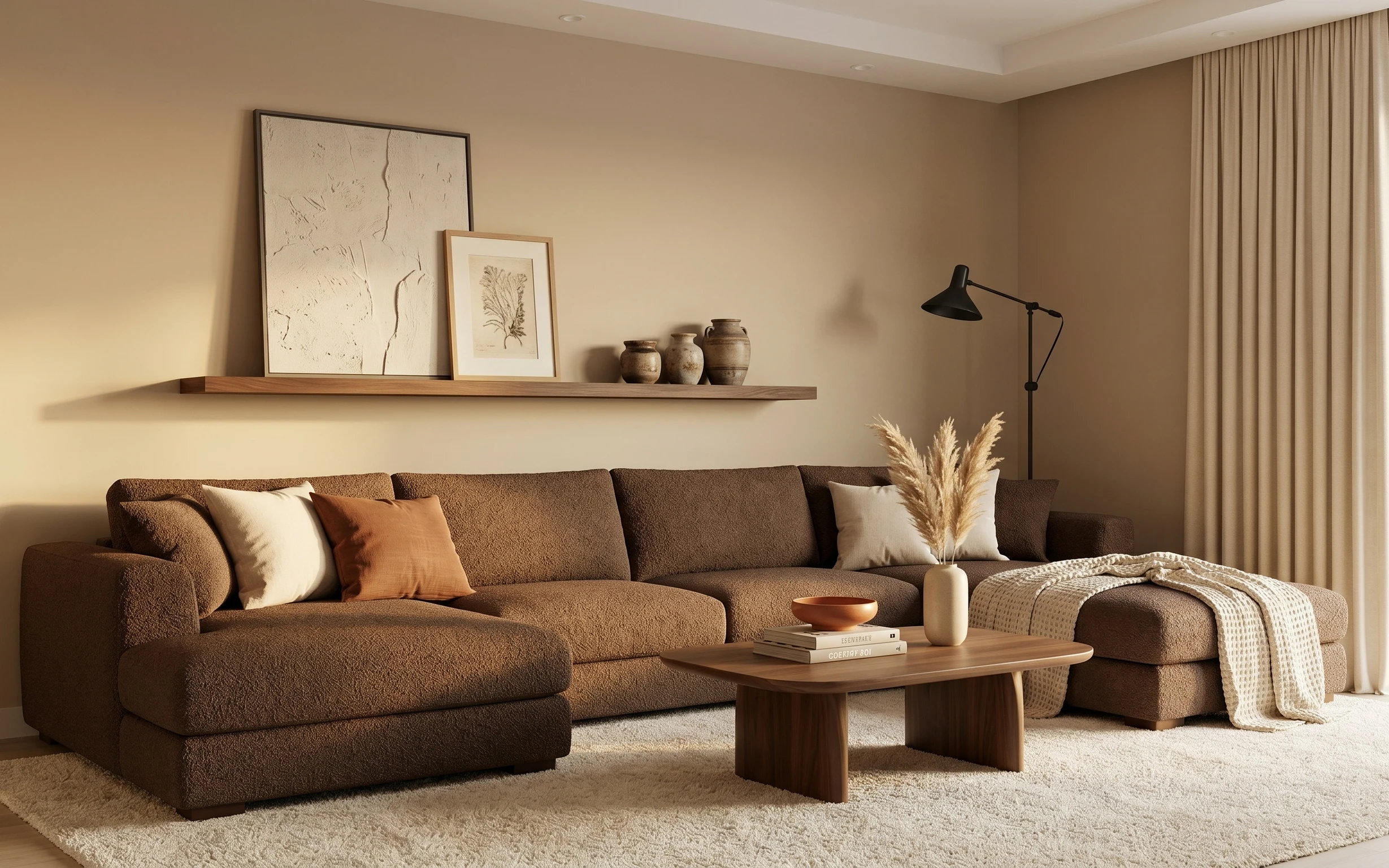 Brown boucle sofa with chaise, cream throw, light rug, wood coffee table, black floor lamp, and framed art on a beige wall.