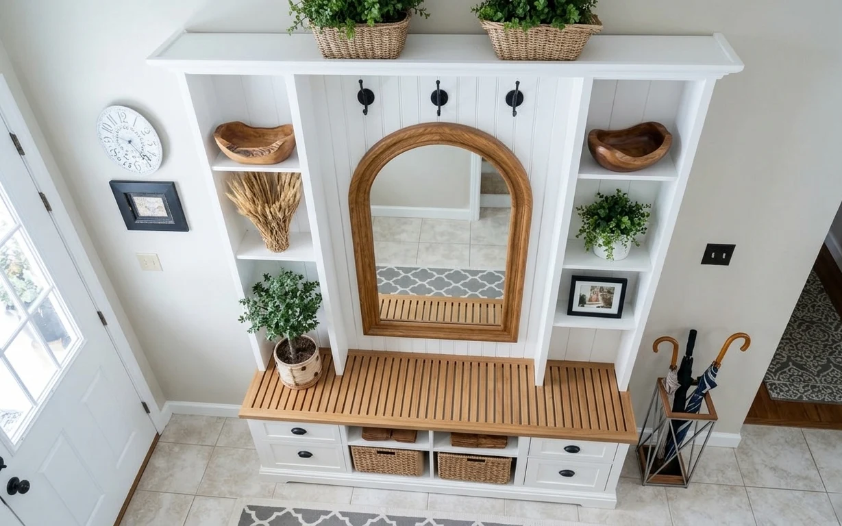 Arched wood mirror over a white entryway console with patterned rug, umbrella stand, and wicker planters