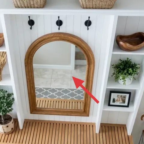 arched wood-framed wall mirror