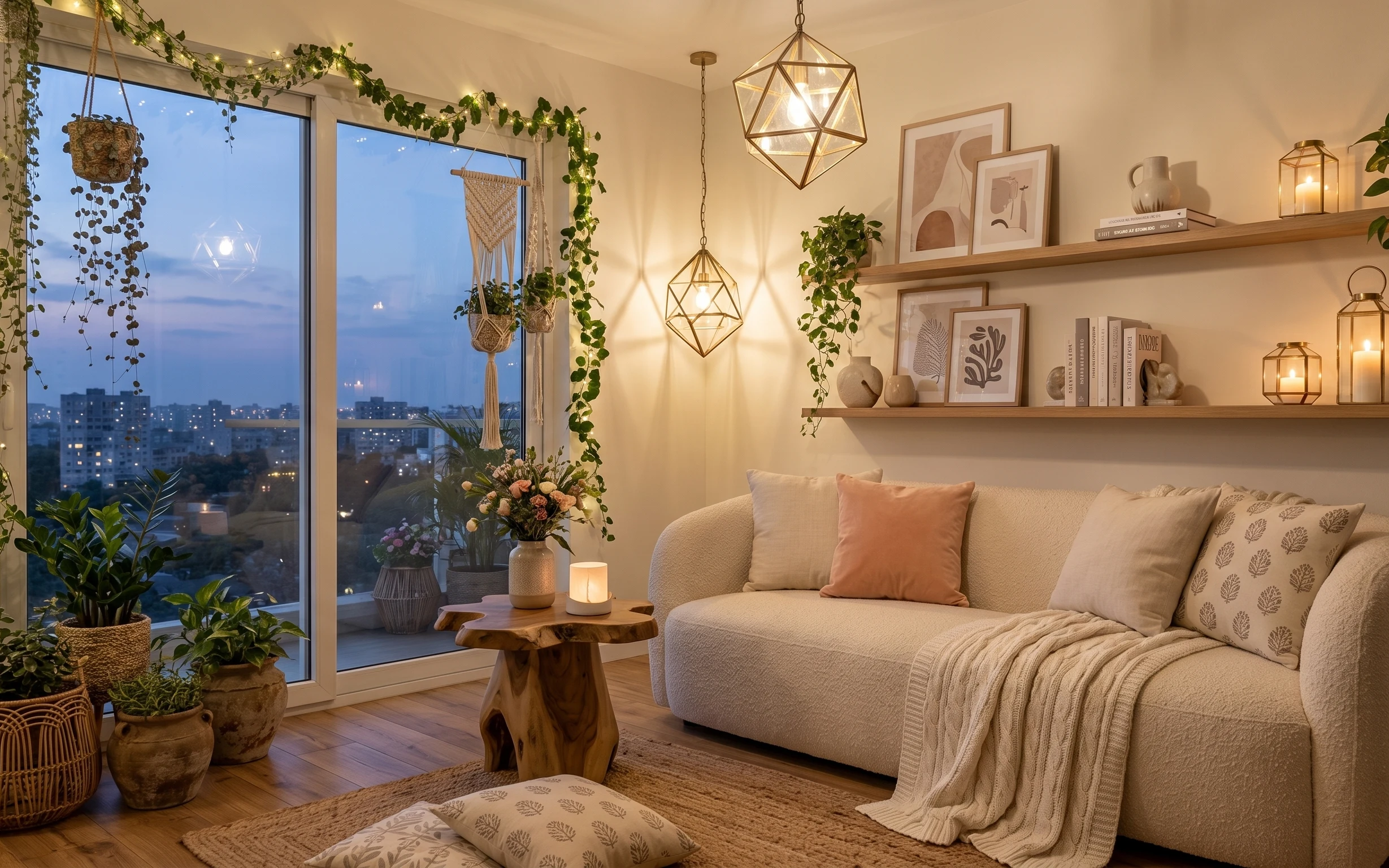 Boho living room corner with sofa, knit throw, patterned rug, string lights, hanging greenery, and candle lanterns near a window.