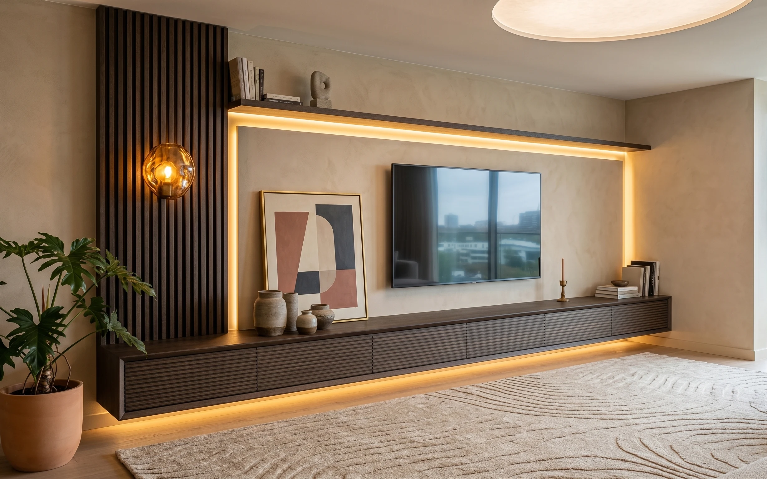 Warm media wall corner with a patterned area rug, terracotta potted plant, framed abstracts, and a glowing glass globe lamp