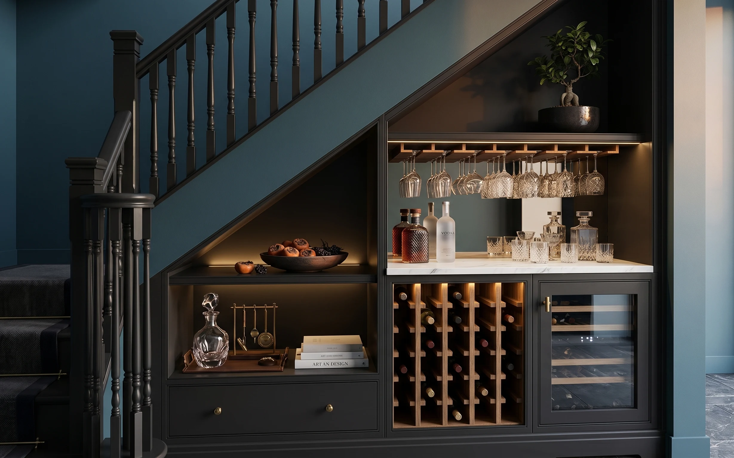 Moody blue bar alcove with a built-in wood wine display, warm light, glass decanter, and a potted plant on top