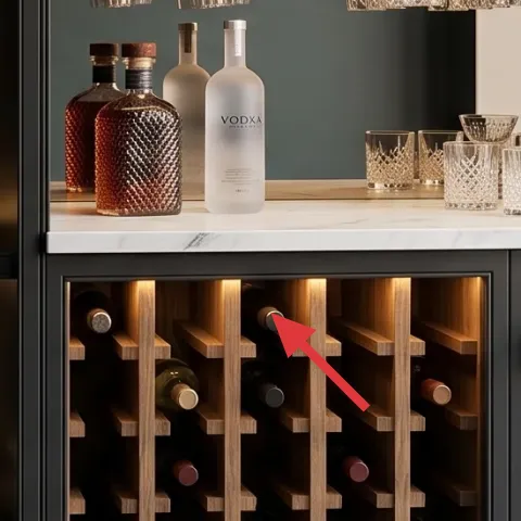 decorative tray on cabinet shelf