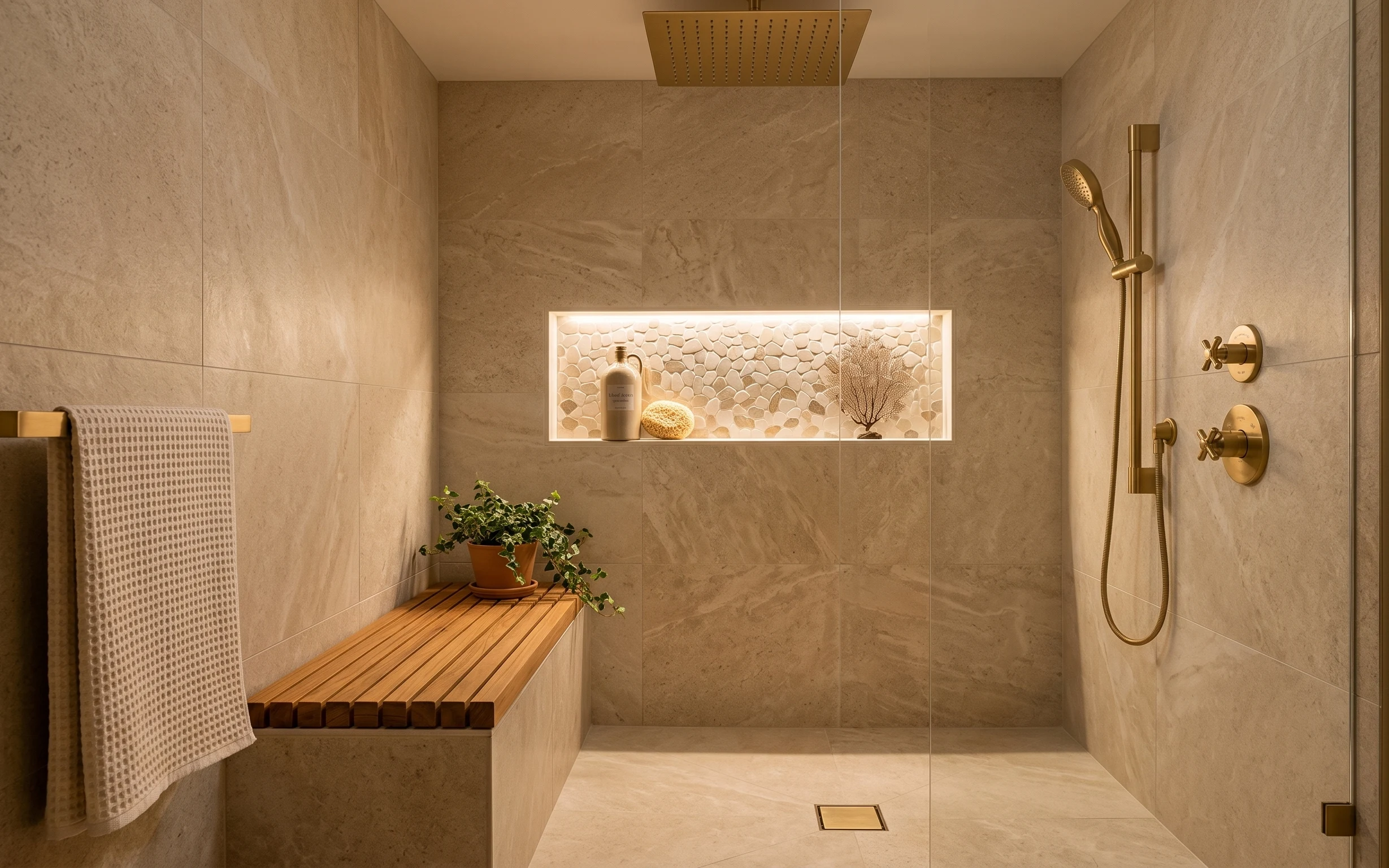 Beige stone-look shower with glass niche shelf, brass shower fixtures, white towel, and terracotta plant pot