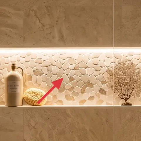 White candle jar on niche shelf