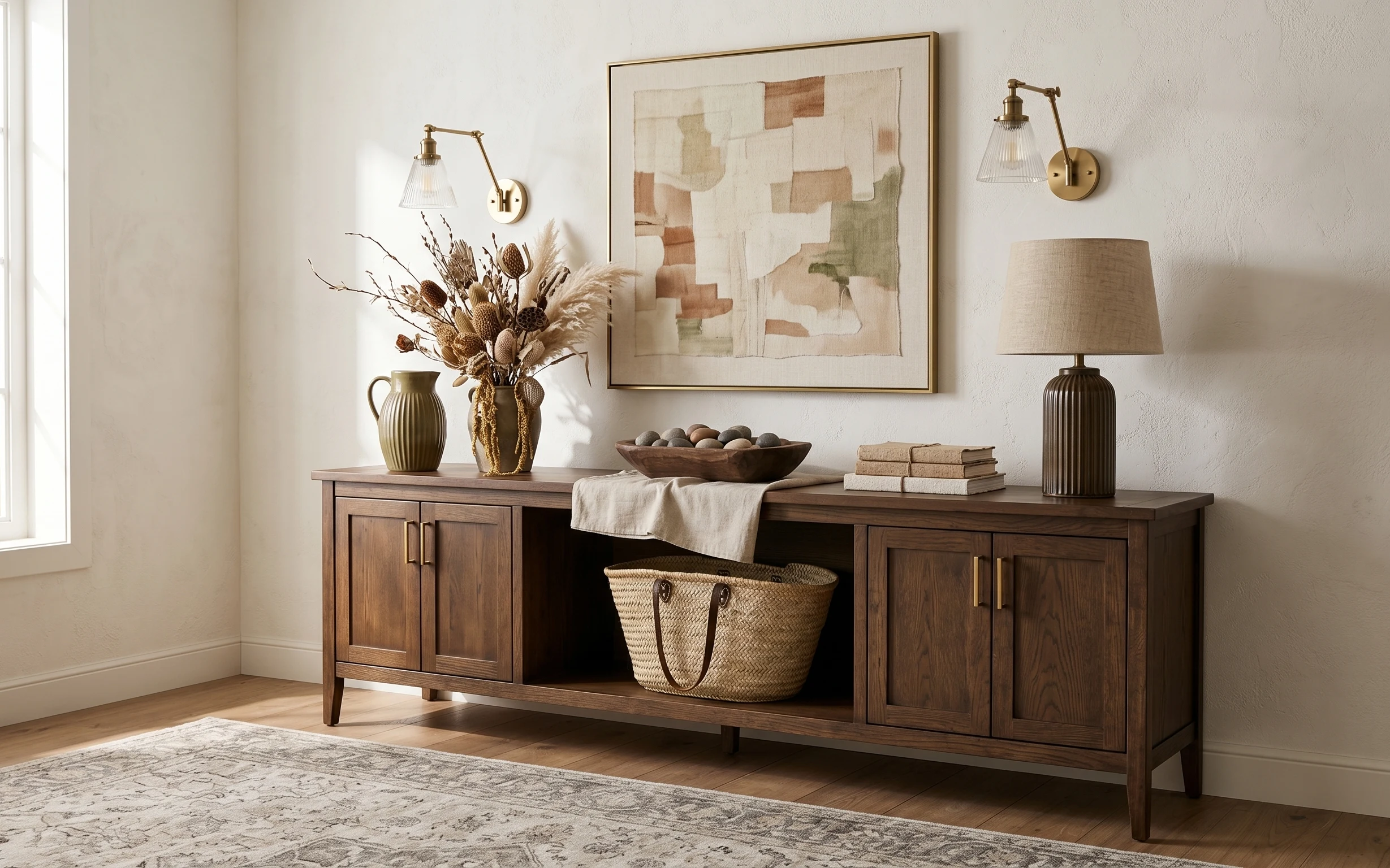 Console table corner with walnut cabinet, textured rug, brass lamp, framed abstract art, olive vase and dried florals on the console.