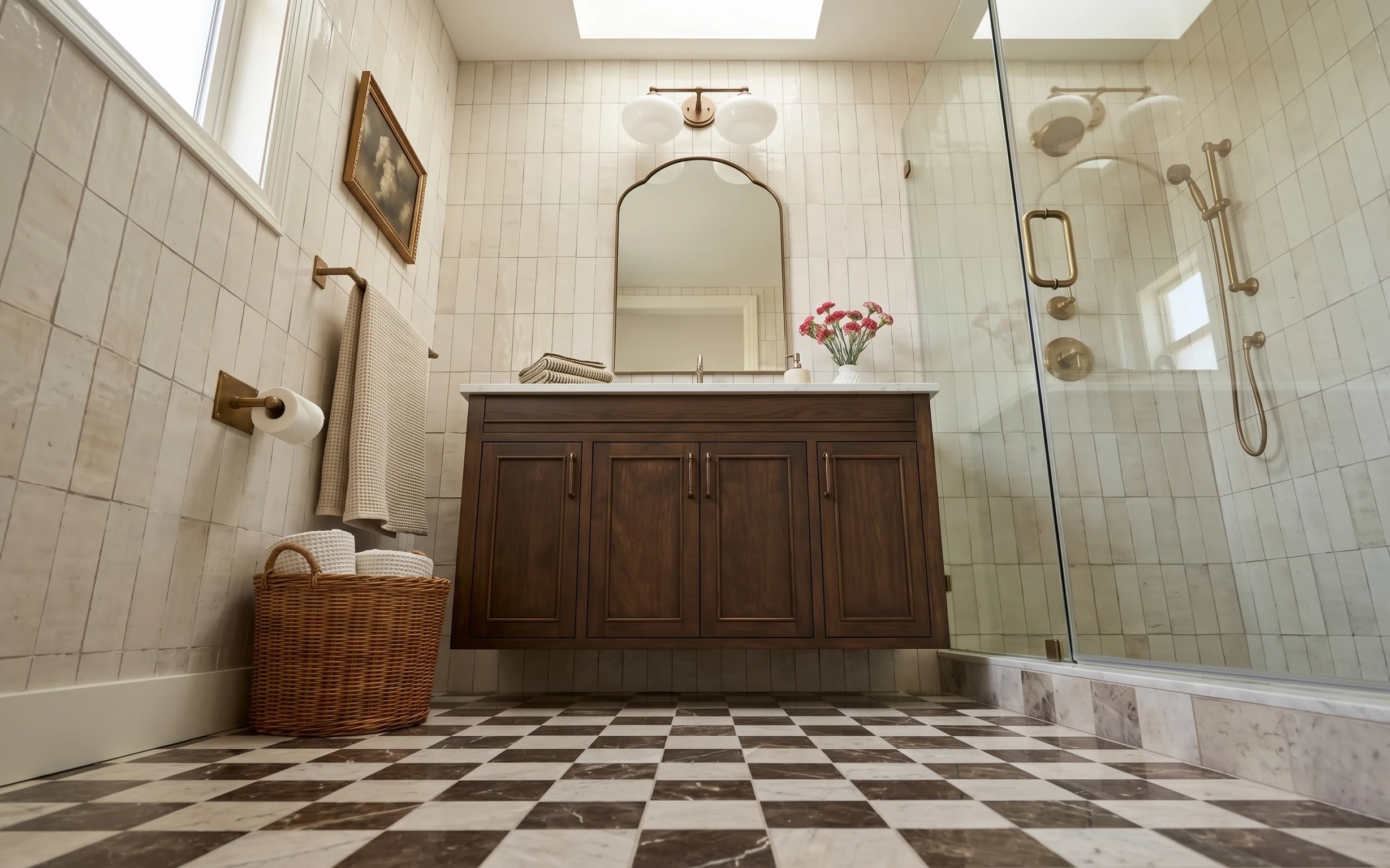 Renter bathroom vanity with arched mirror, framed art, beige towels, pink flowers, and glass shower door