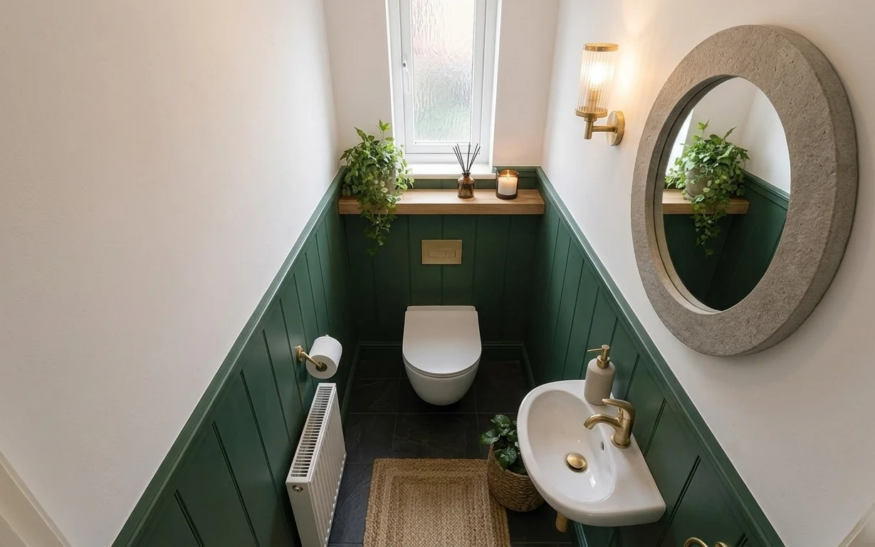 Deep green paneled toilet alcove with oval mirror, shelf greenery, candle, reed diffuser, sink and jute mat
