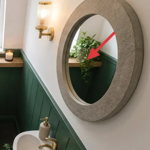 oval wall mirror with concrete-look frame