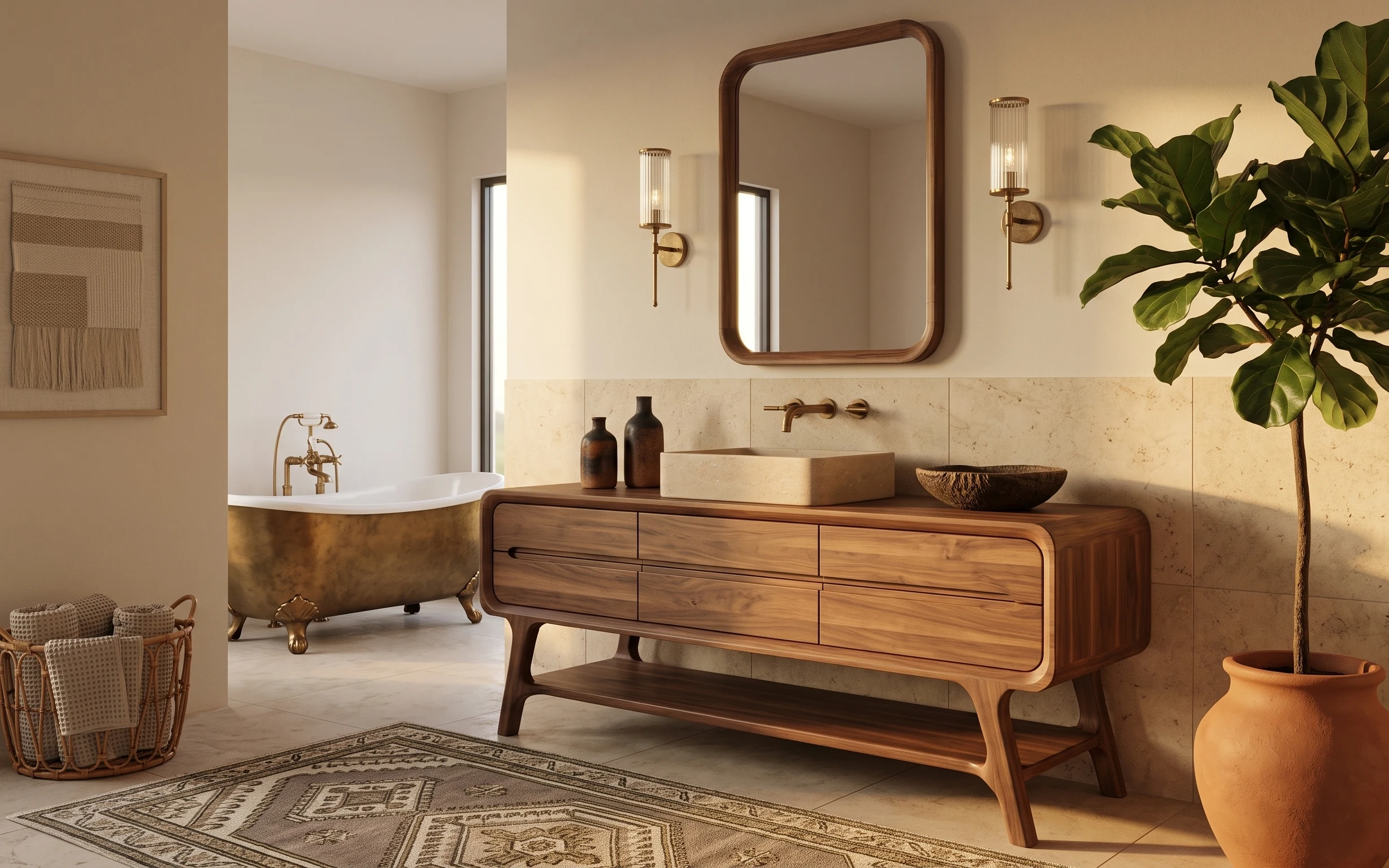 Bathroom vanity wall with walnut console, arched mirror, beige tiles, geometric rug, framed print, and terracotta plant pot