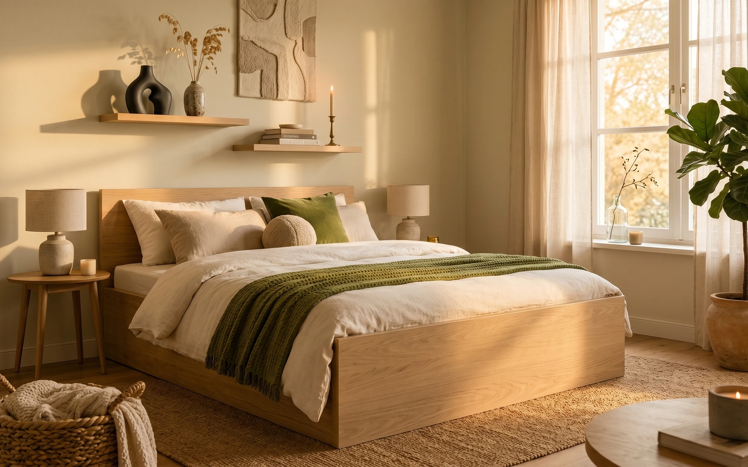 Olive throw and green accent pillow on a wood bed, warm lamp light, framed abstract art, and tall potted plant by a window