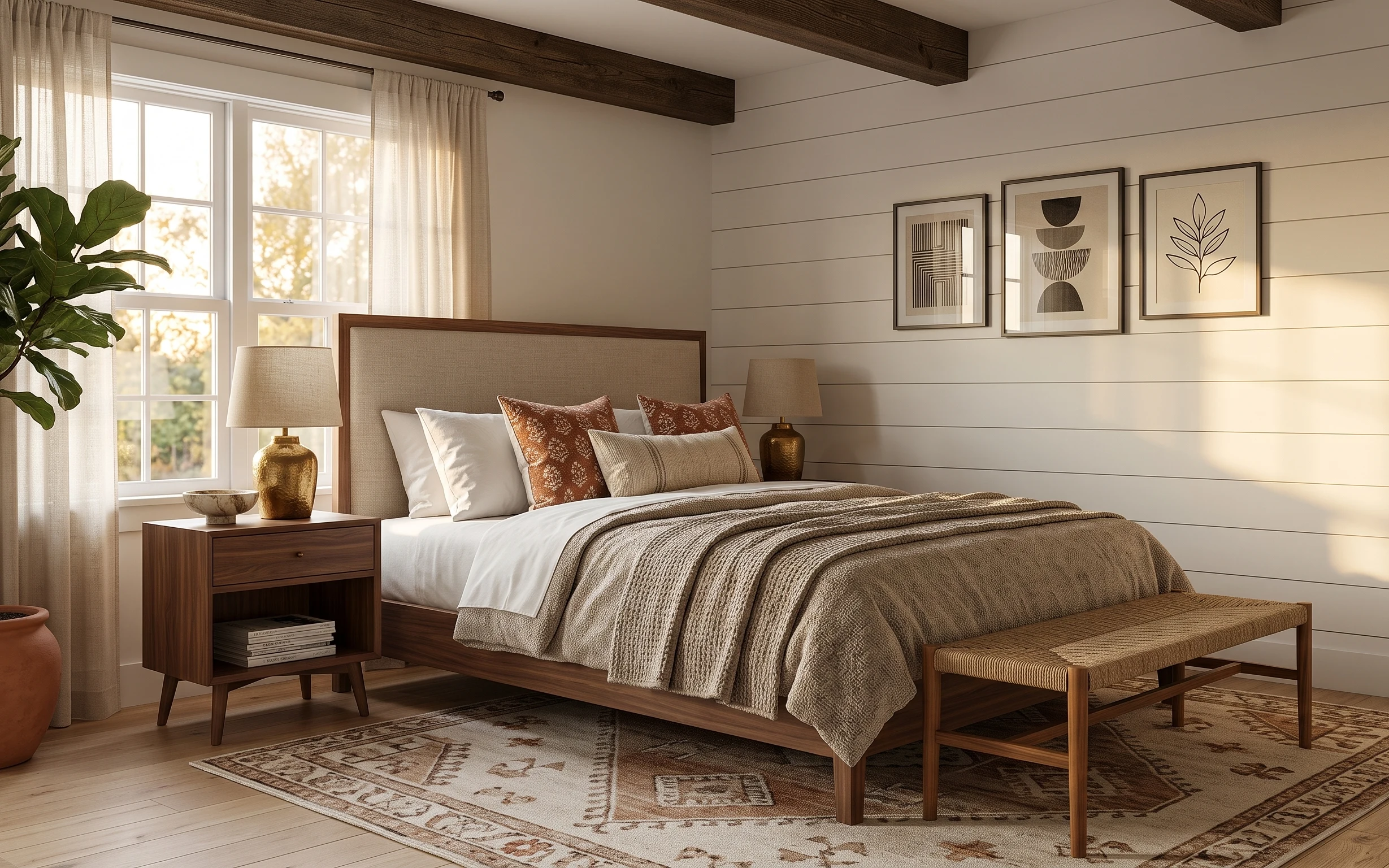 Warm earth-tone bedroom with bed, patterned rug, curtained window, two table lamps, terracotta plant pot, and three framed prints.