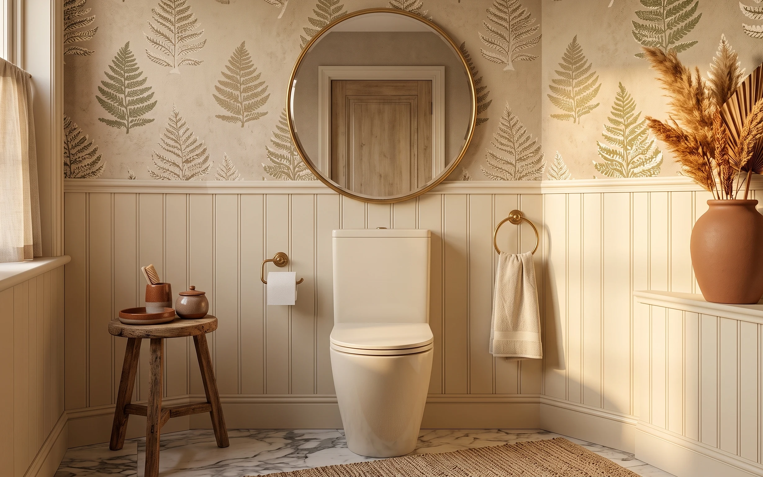 Warm beige bathroom corner with marble floor, round gold mirror, towel, terracotta vase, and beige curtain panel