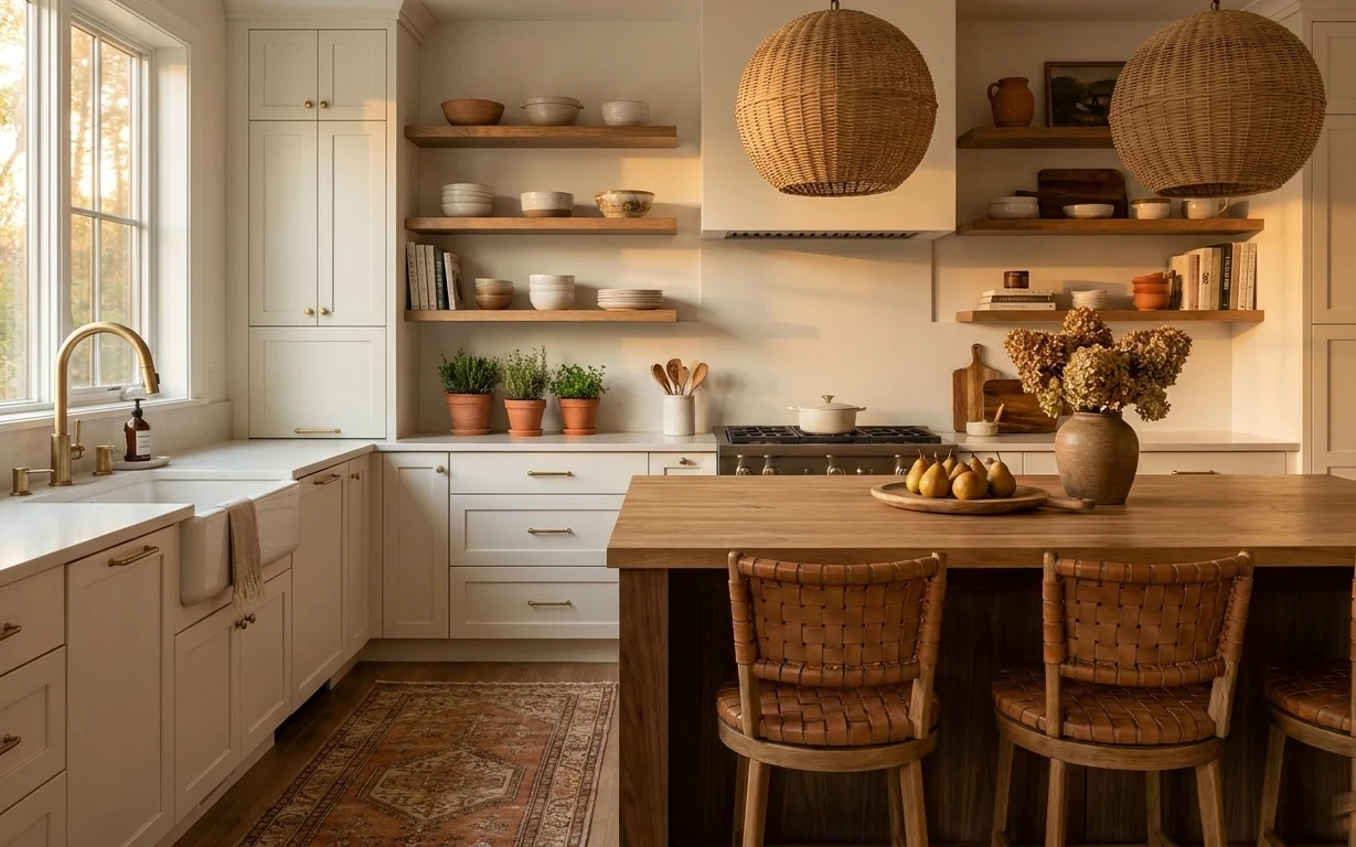 Sunlit kitchen with geometric rug, woven pendant lights, terracotta planters on shelves, and a wood island with rattan chairs