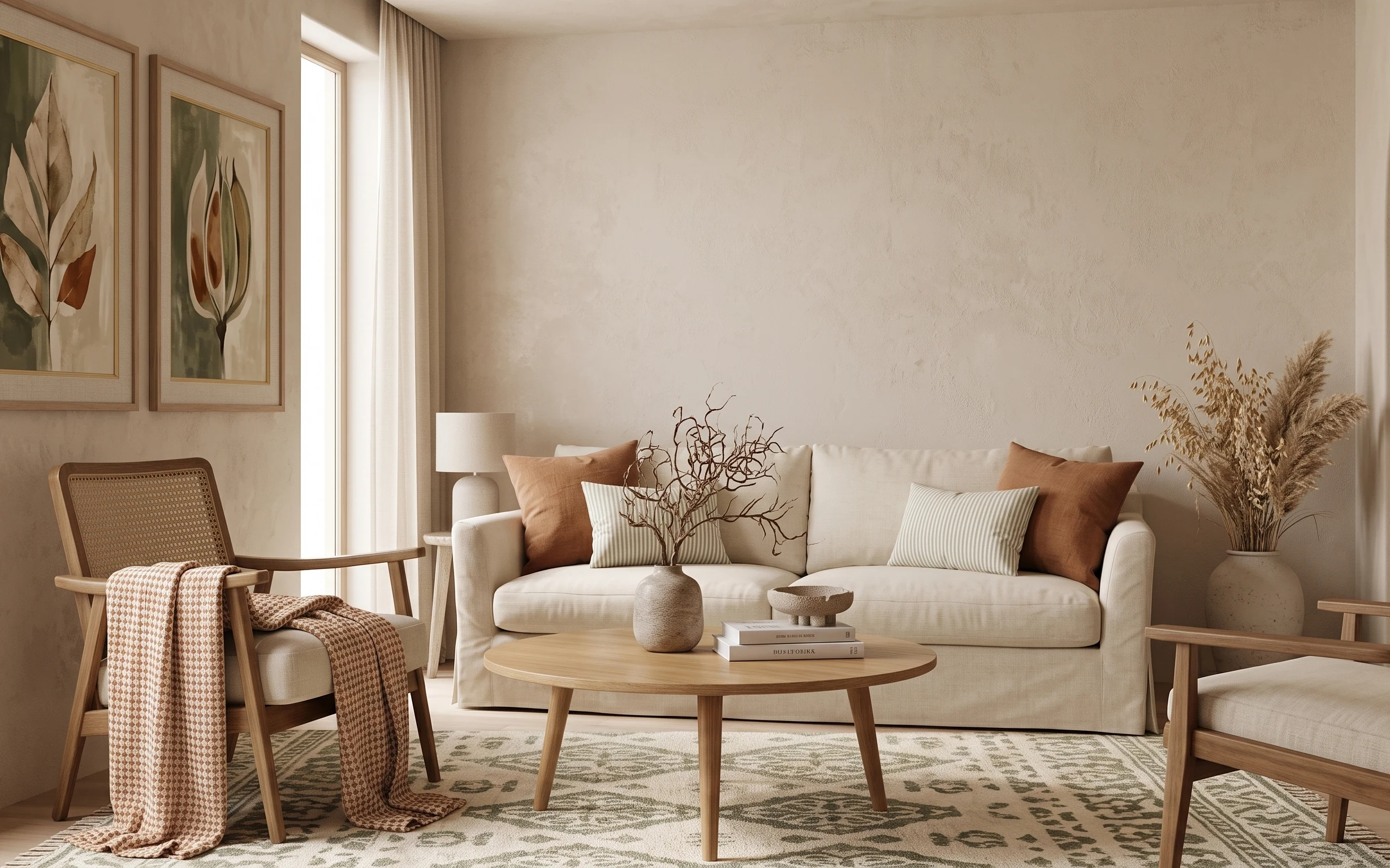 Cream sofa with striped pillows, patterned rug, curtain panels, framed botanical prints, and a ceramic vase with dried pampas