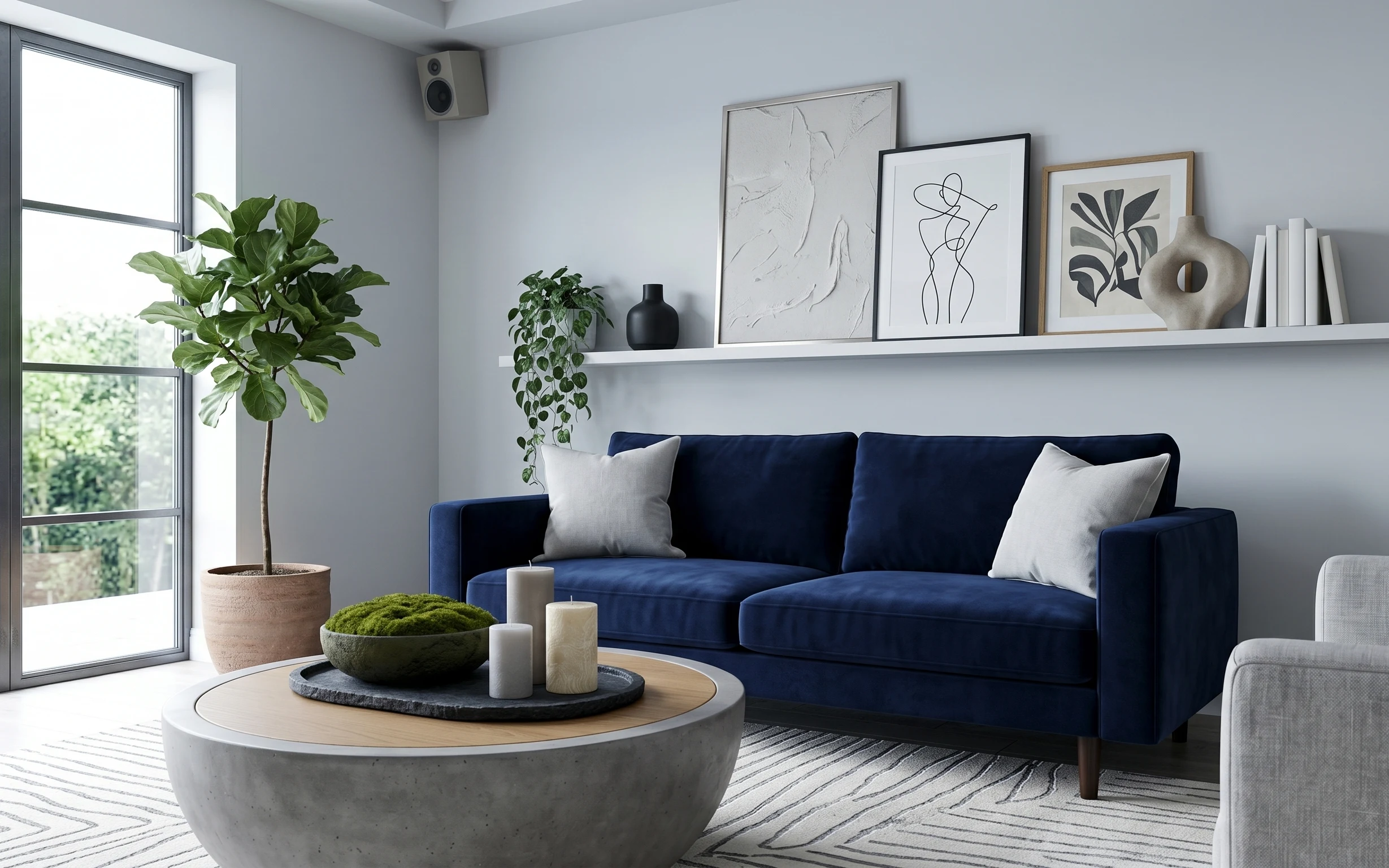 Modern living room with navy sofa, striped area rug, plants by a window, and framed abstract prints on a wall shelf