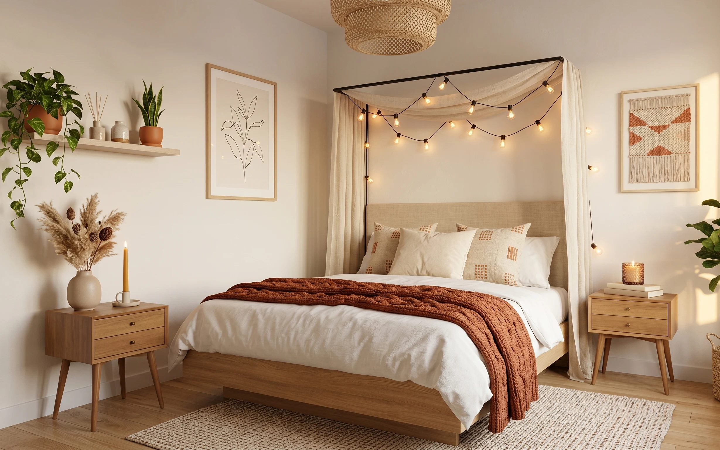 Boho bed nook with cream curtains, warm clay throw, patterned pillows, string lights, framed botanical print, and wood nightstand