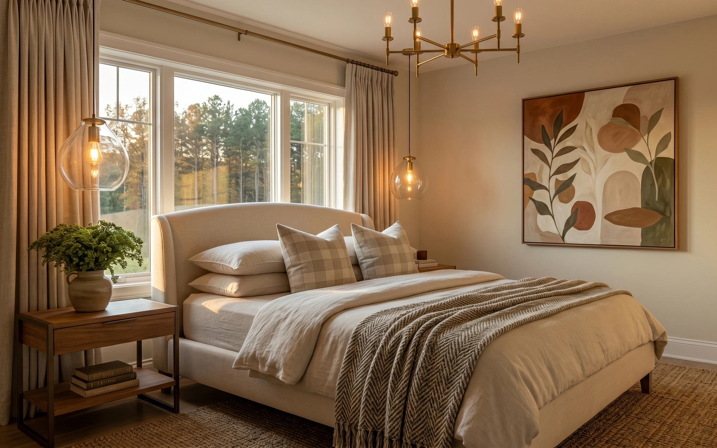 Renter-style bedroom with cream bed, taupe curtains, framed botanical art, warm wood side table, and potted olive tree