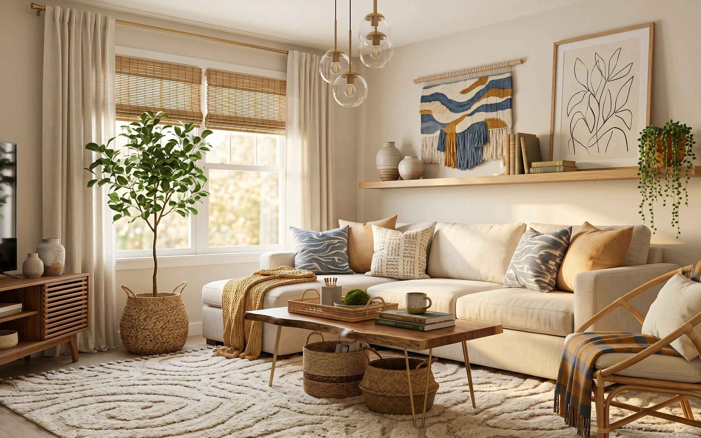 Cozy living room with cream rug, beige curtains, macramé wall hanging, framed botanical print, and a styled coffee table
