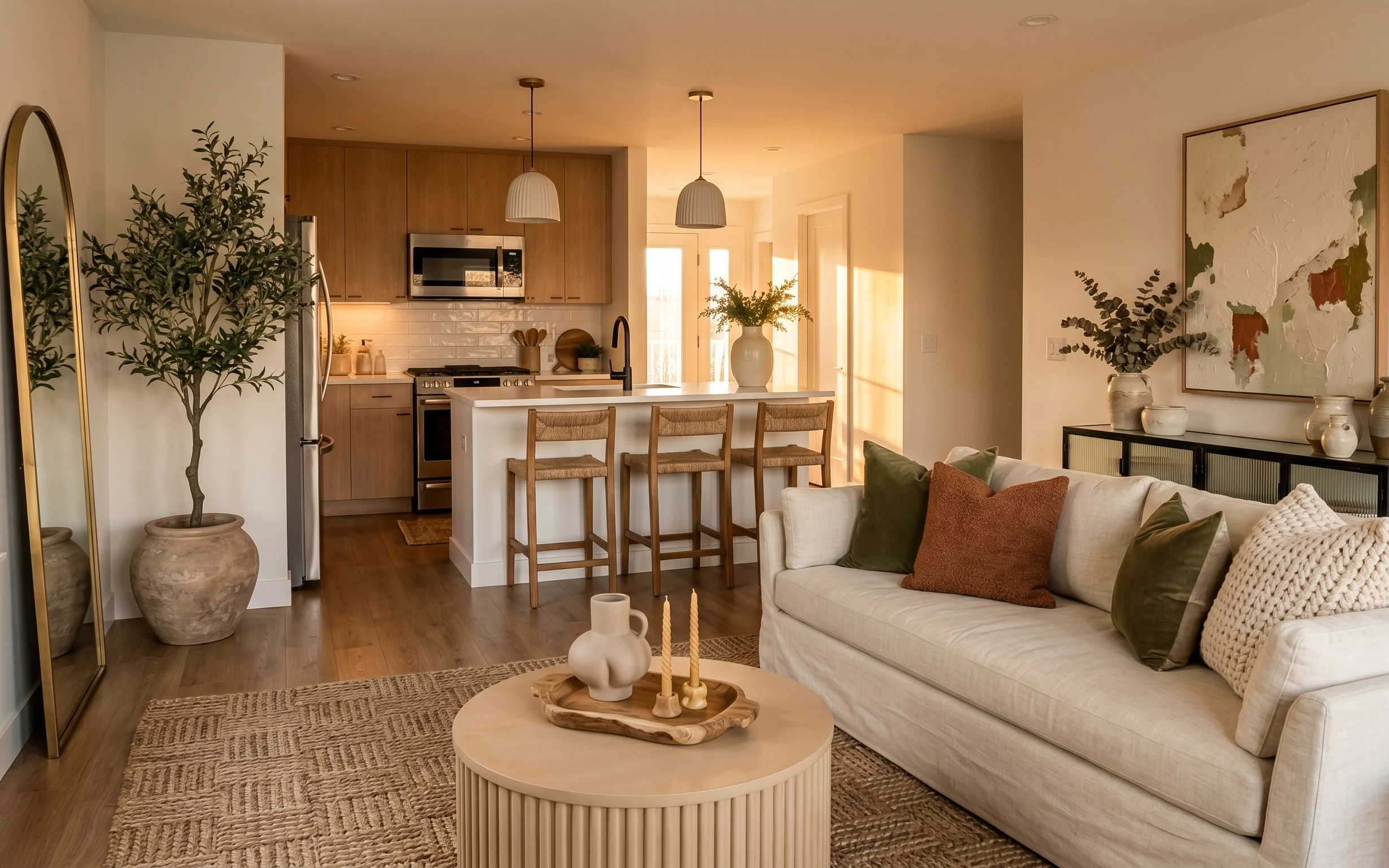 Warm open-concept living area with white sofa, braided rug, olive tree in terracotta pot, framed map print, and coffee table styling.