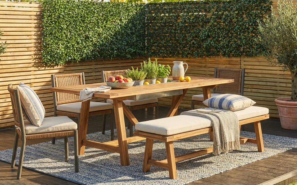 Outdoor patio dining setup with wood table, bench cushions, blue-and-cream rug, striped pillows, and potted olive trees