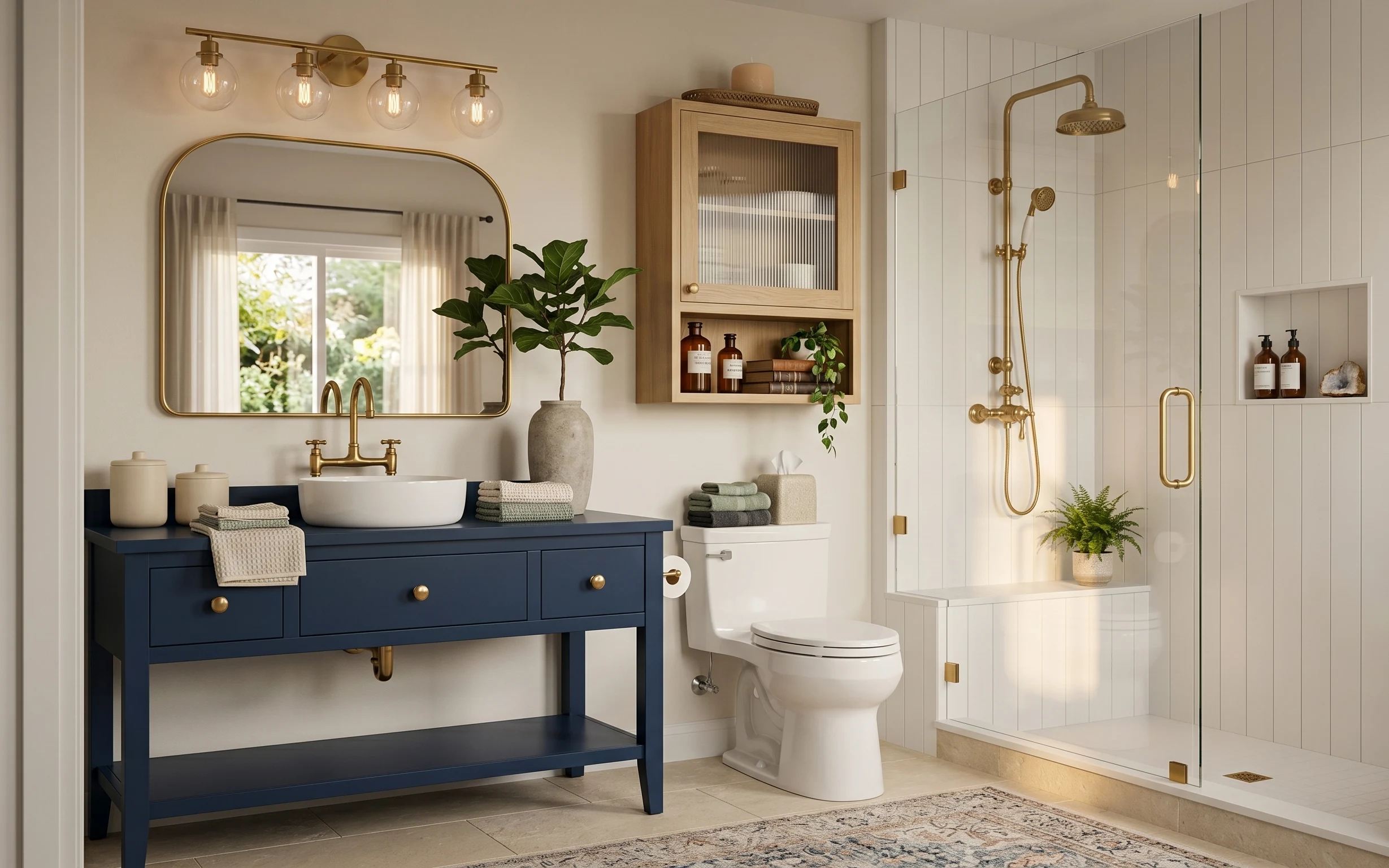 Renter bathroom vanity nook with dark blue vanity, brass-framed mirror, towels, plants, rug, and glass bottles on shelves