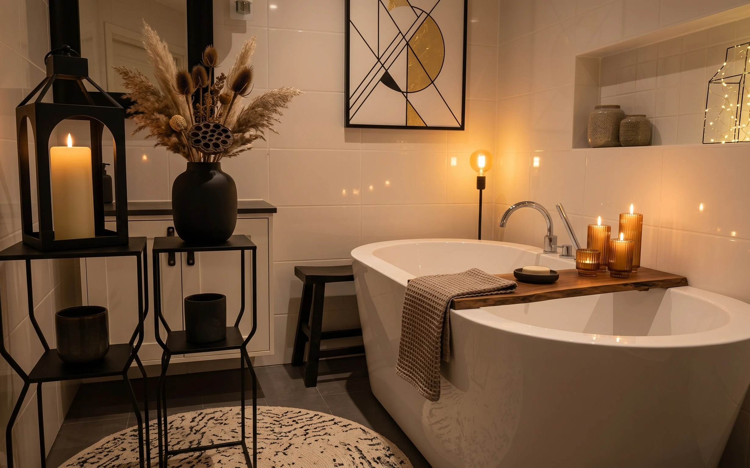 Warm candle and string-light styled bathtub ledge with rug, console table, black vase, and gold abstract art