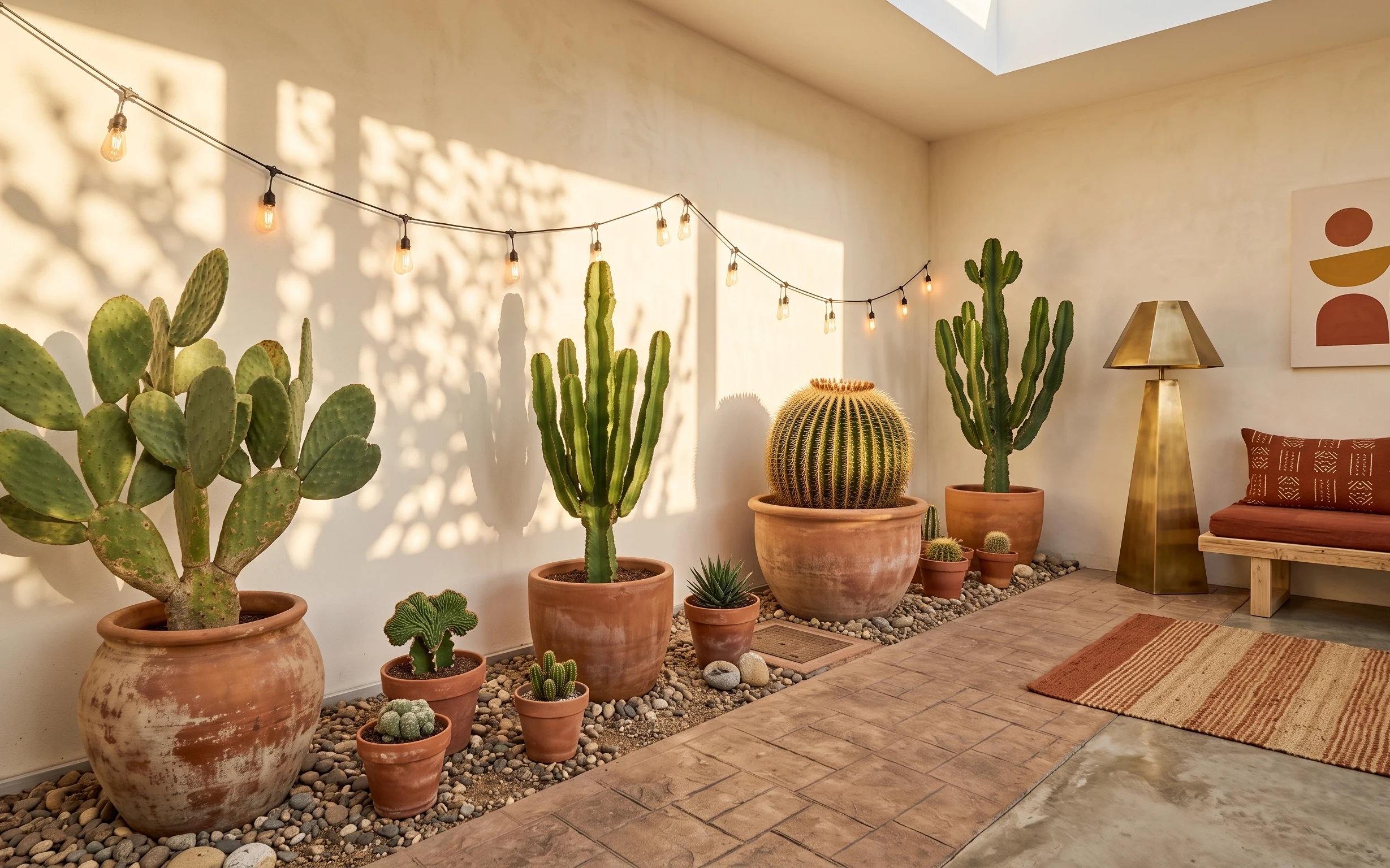 Desert-modern cactus corner with string lights, terracotta planters, brass floor lamp, woven rug, and framed abstract art.