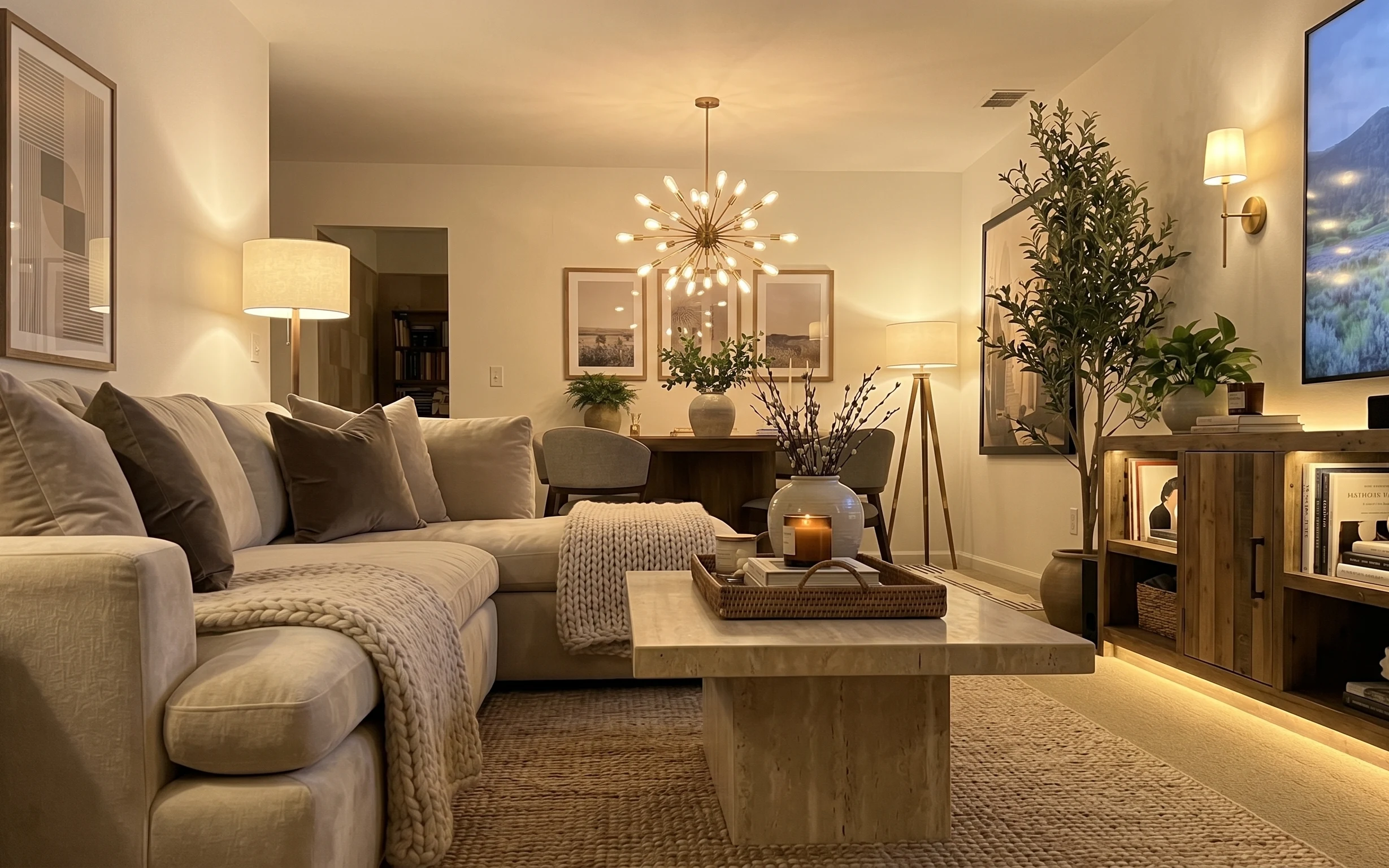 Warm renter living room with cream sofa, knit throw, textured rug, plug-in table lamp, tall leafy plant, and candlelit coffee table styling.
