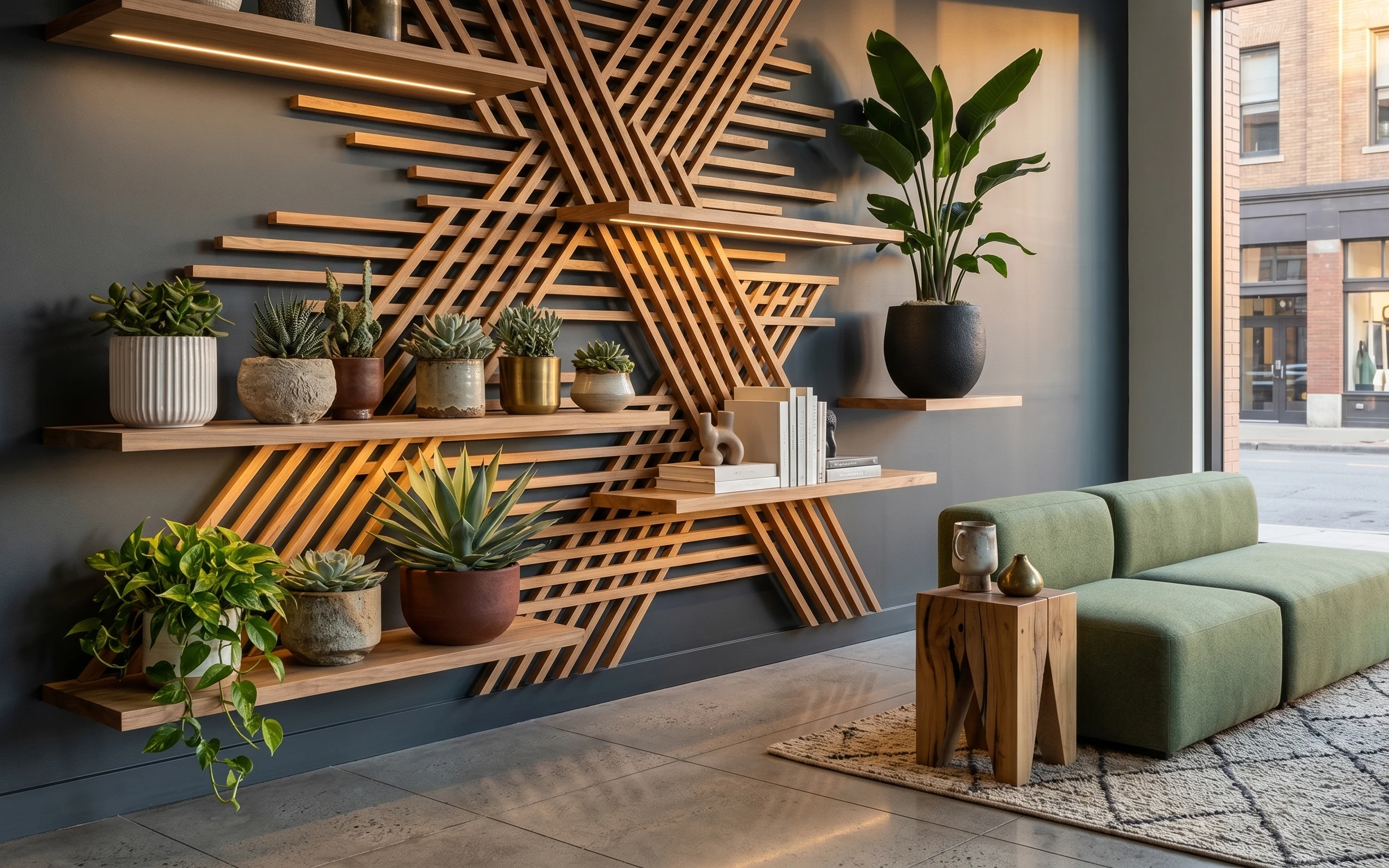 Sage green sofa beside a wood slat wall display with layered potted plants, a small gold vase, and a large gray rug