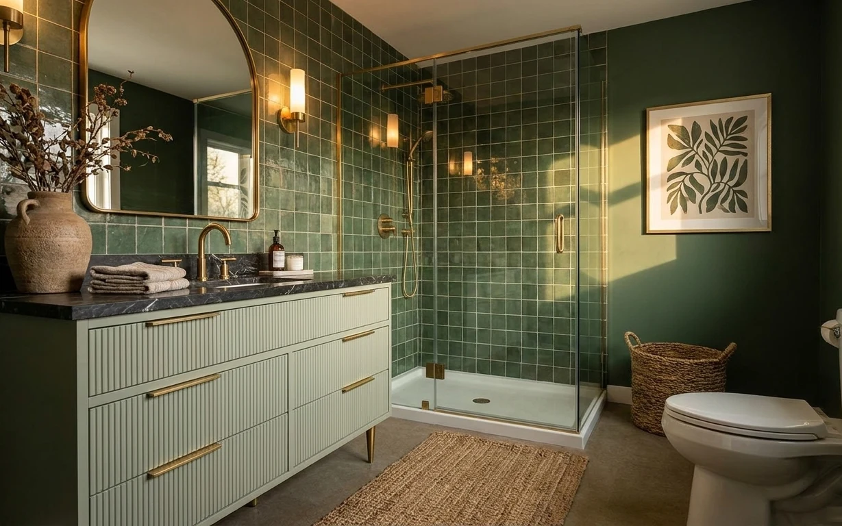 Spa bathroom with deep-green tile, brass accents, black vanity countertop, round mirror, framed botanical art, rug, towels, and ceramic vase