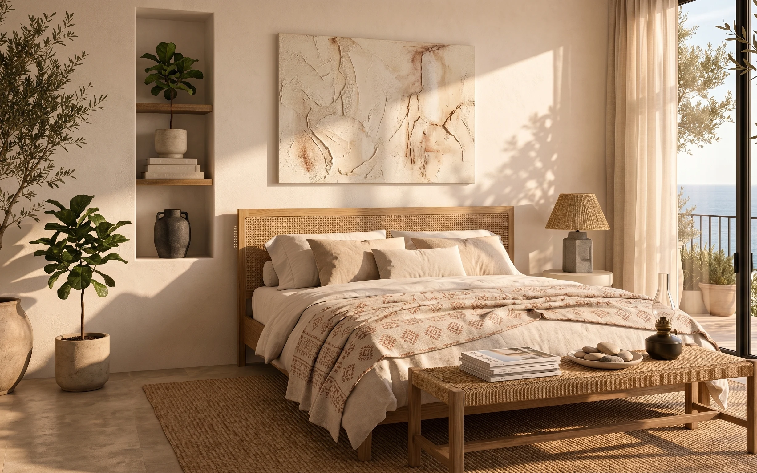 Sunlit bedroom corner with rattan headboard bed, woven lamp, framed abstract art, beige curtains, and potted plants