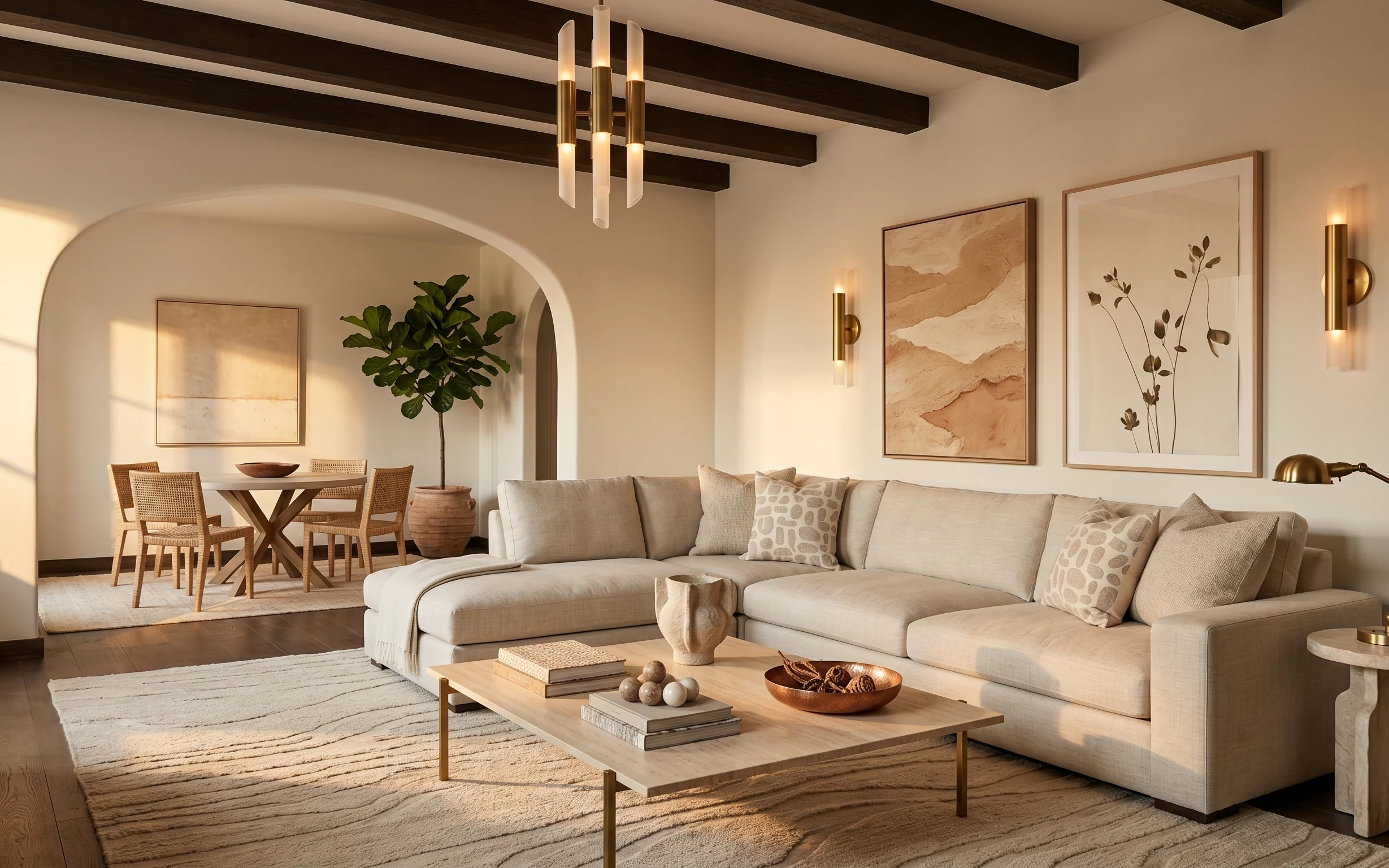 Warm neutral sofa-and-art living room with light rug, gold lighting, framed botanical prints, and a potted leafy tree