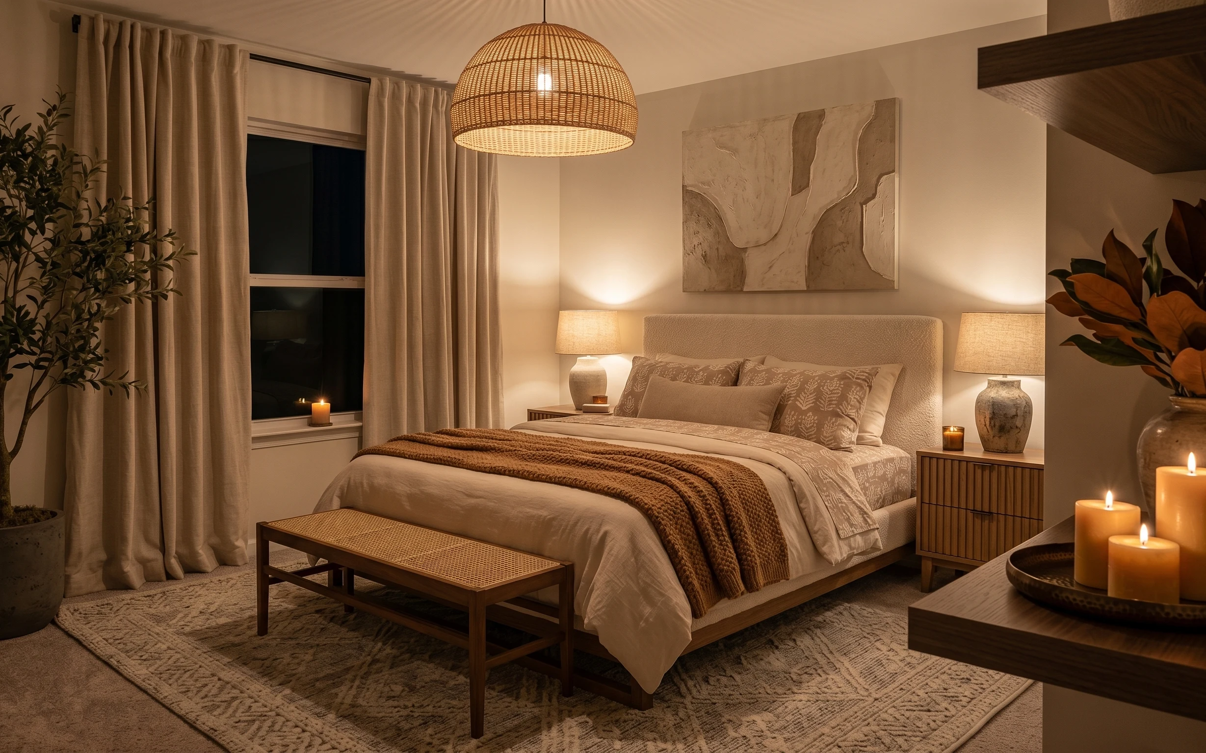 Warm neutral bed nook with beige curtains, white bed cover, knit throw, drum-shade lamps, framed abstract art, and candles on a tray
