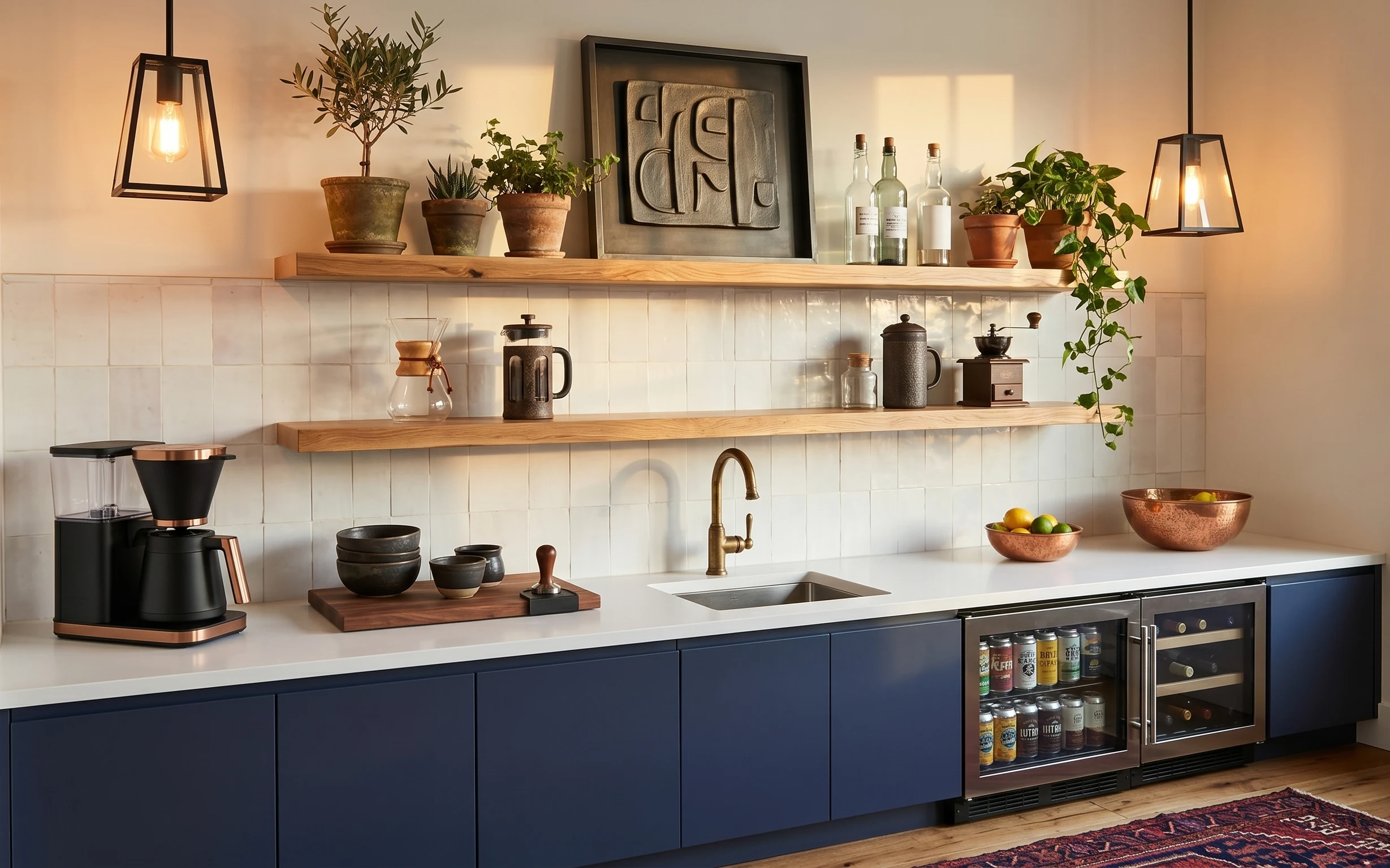 Kitchen countertop coffee corner with white tile, wood shelves, framed abstract art, lantern lights, terracotta planters and styled ceramics