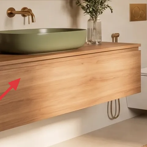 Wood vanity tray on counter